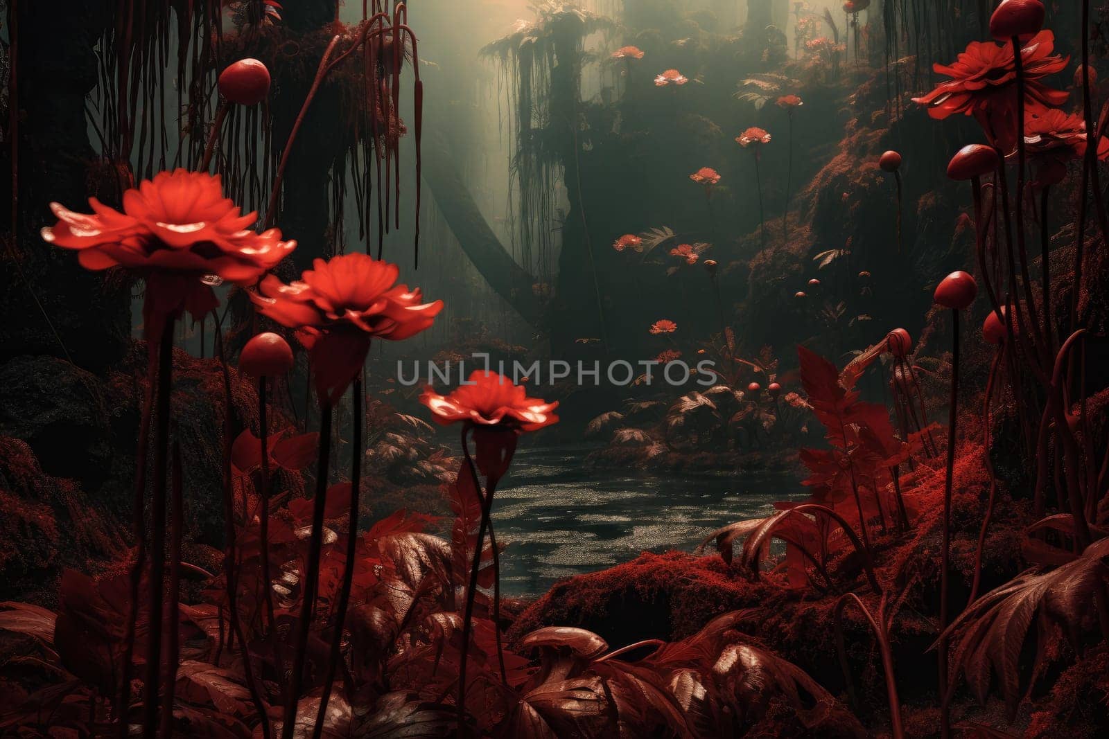 Red flowers dark jungle. Color beauty. Generate Ai