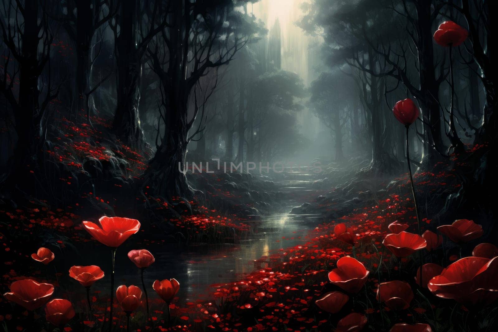 Red flowers jungle. Tropical nature jungle. Generate Ai