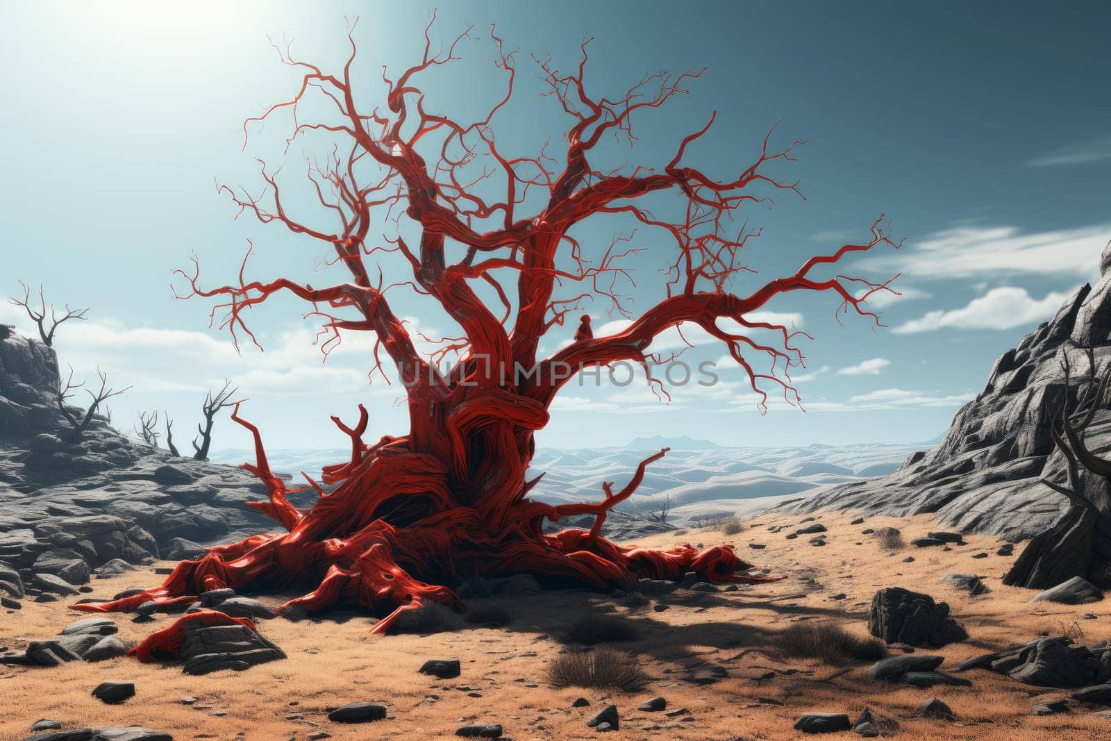 Red dead tree. Space light. Generate Ai