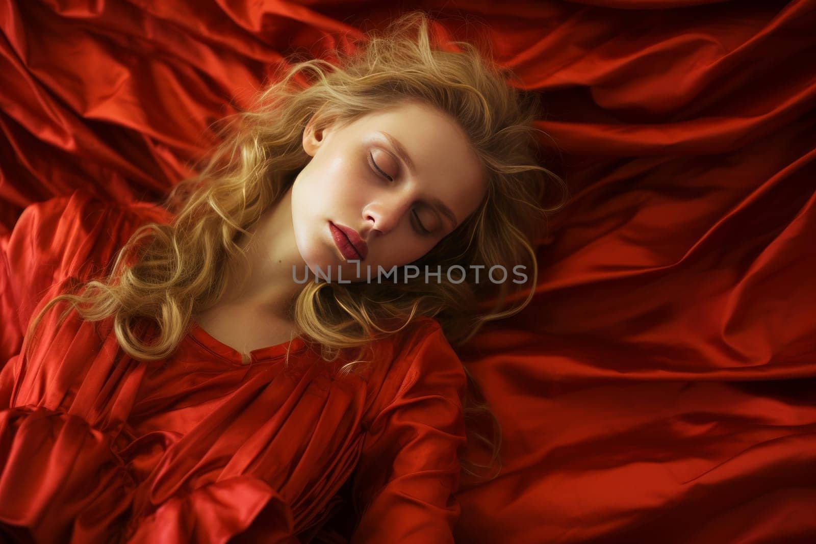 Woman red gold dressed. Girl face silk clothing costume. Generate Ai