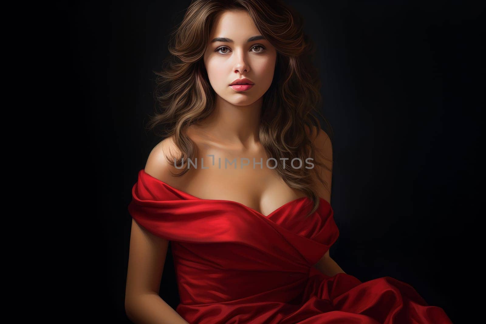 Red dress portrait. Girl elegant. Generate Ai