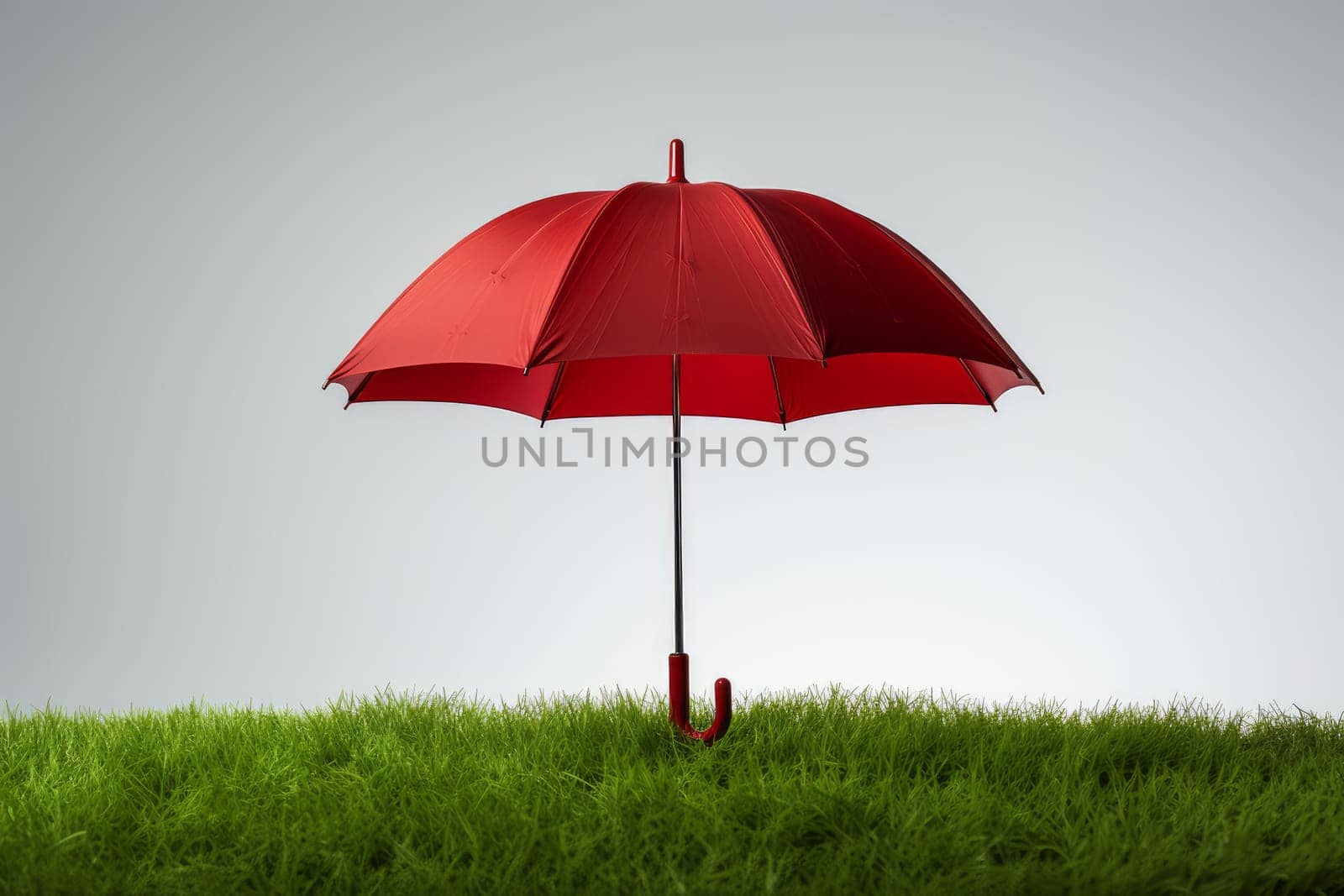 Red umbrella green grass. Rain park grass. Generate Ai