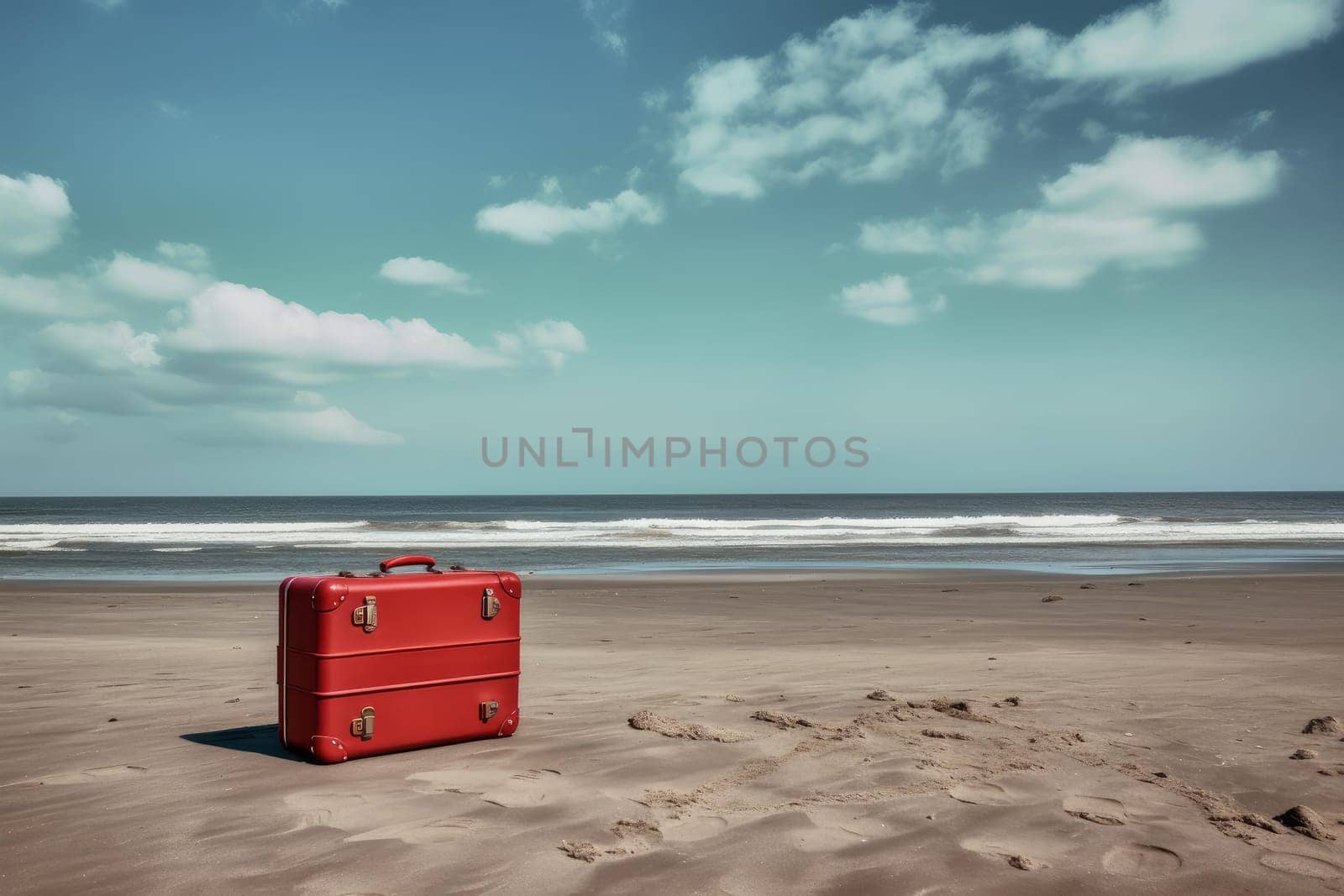 Red suitcase beach. Open tourism. Generate Ai
