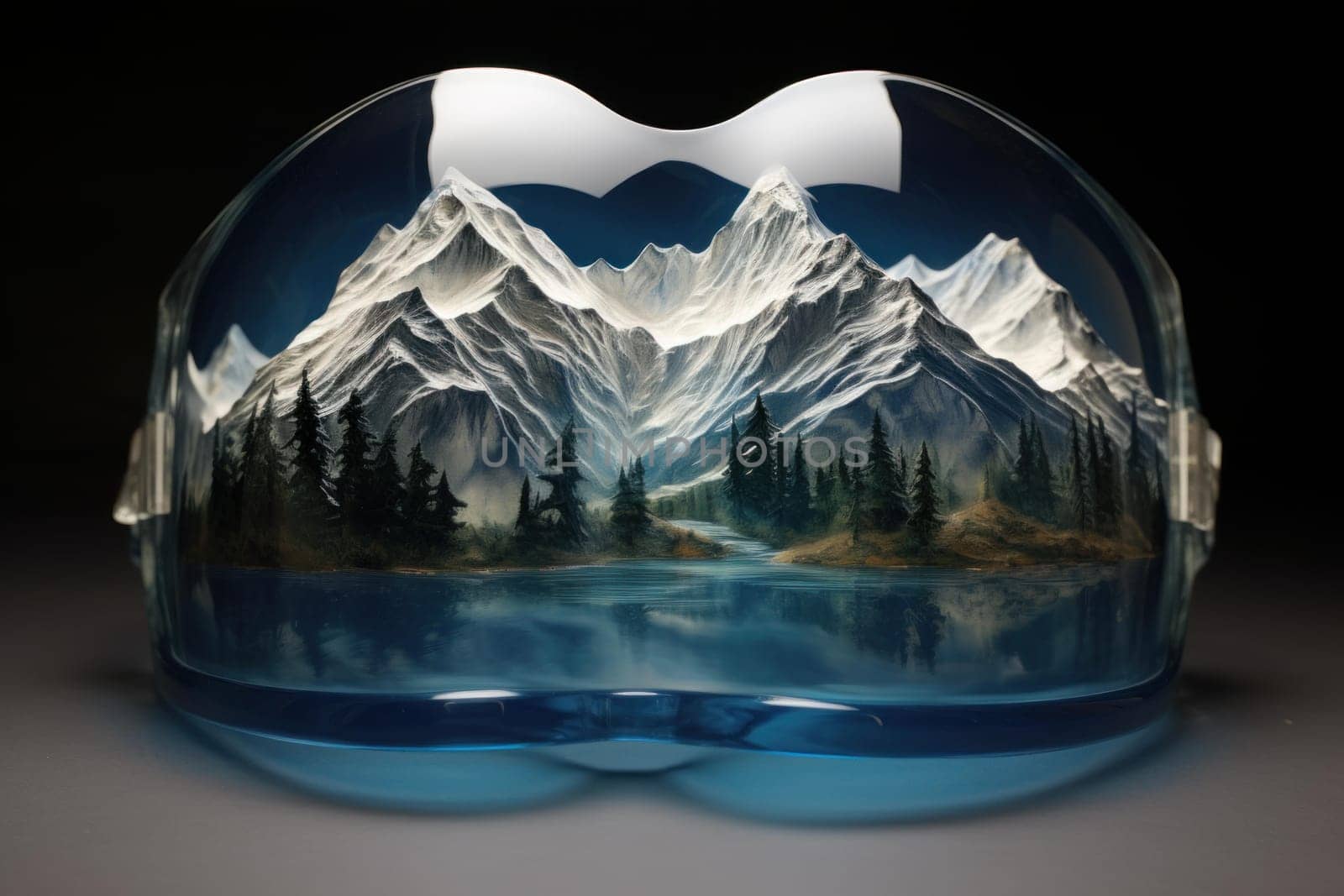 Mysterious Reflexion mountains mask light. Tourist freeze. Generate ai