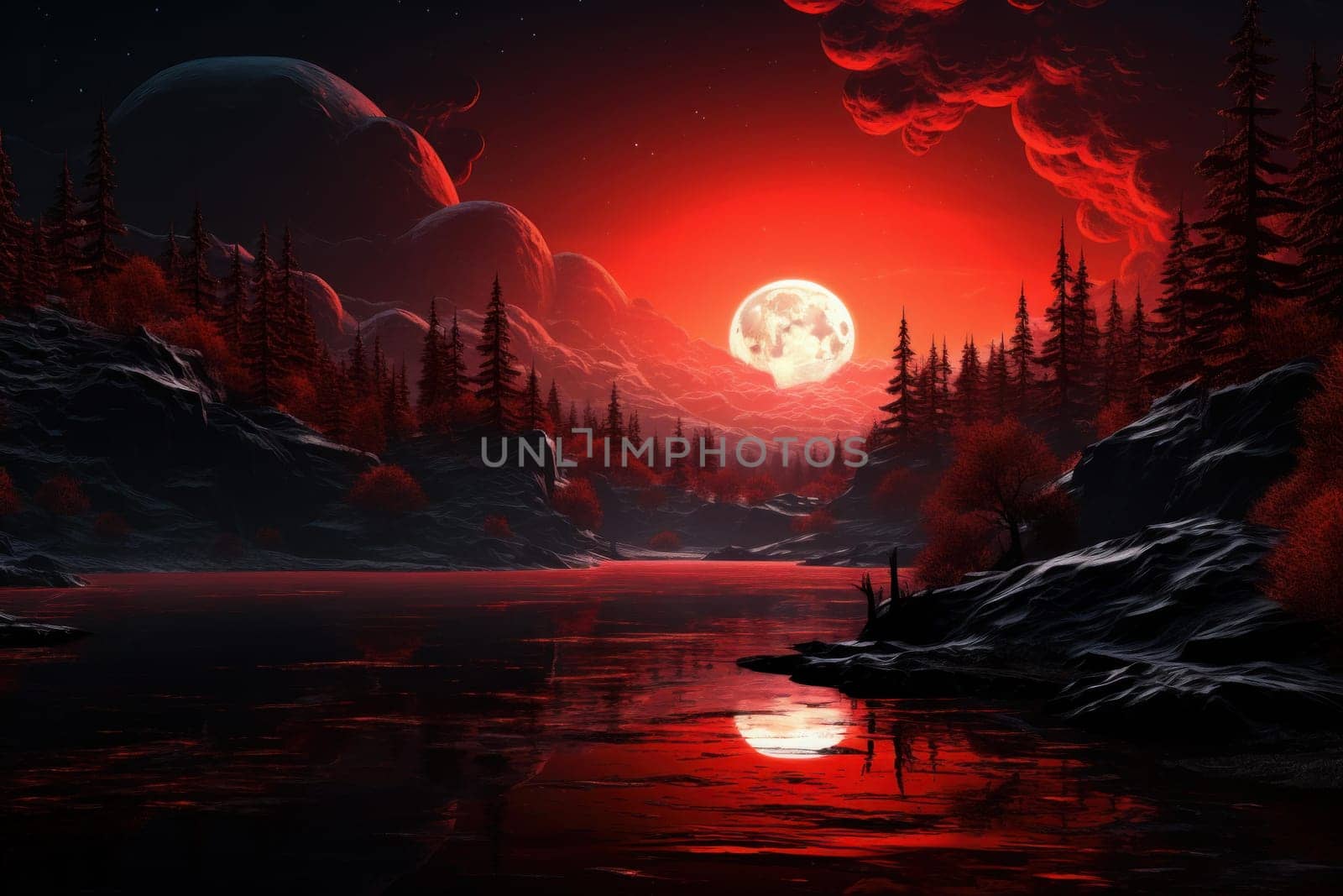 Red lake fantasy landscape. Cosmos view. Generate Ai