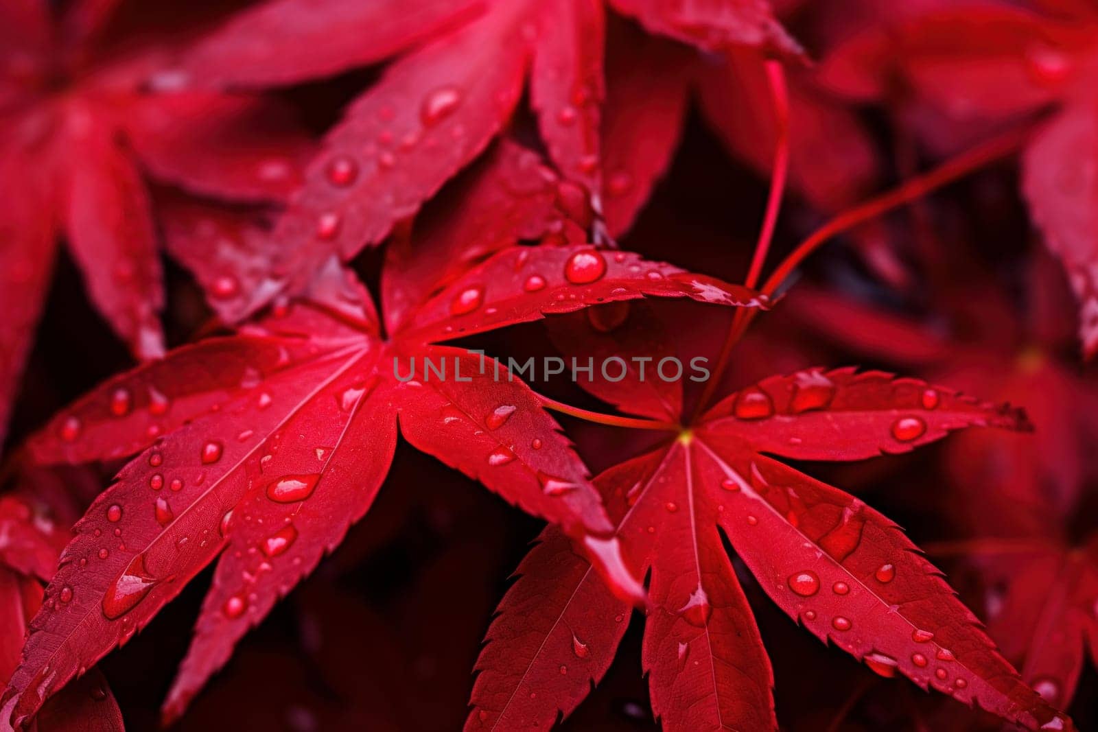 Red leaves night. Dark abstract leaf. Generate Ai