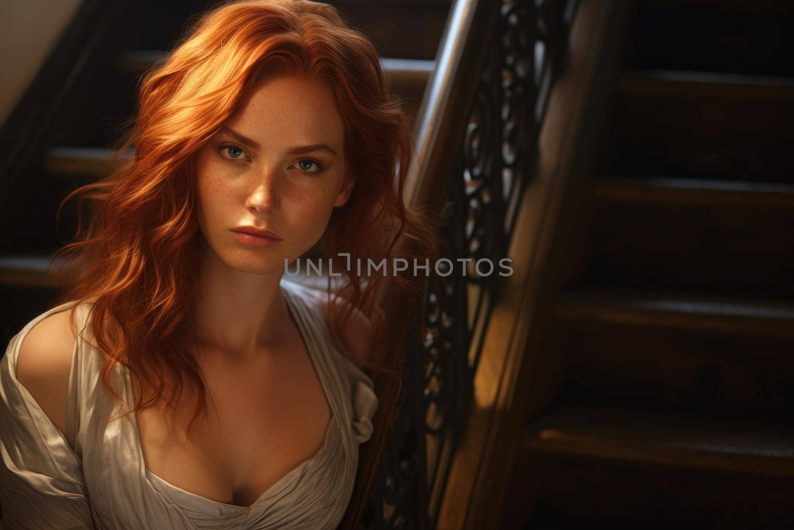 Red hair woman back stairs. Urban outdoor. Generate Ai