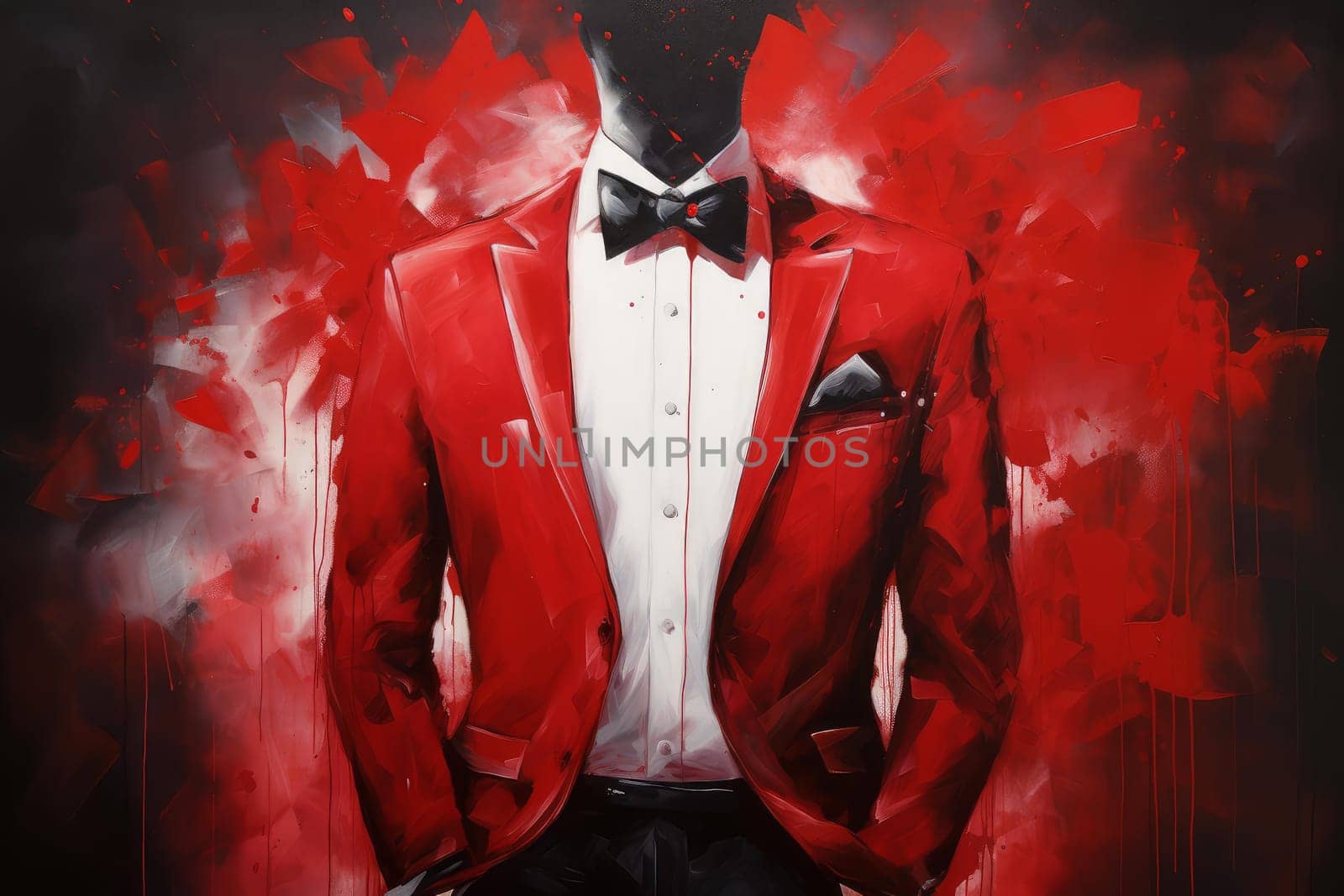Man red tuxedo at morning shot. Stylish serious person. Generate Ai