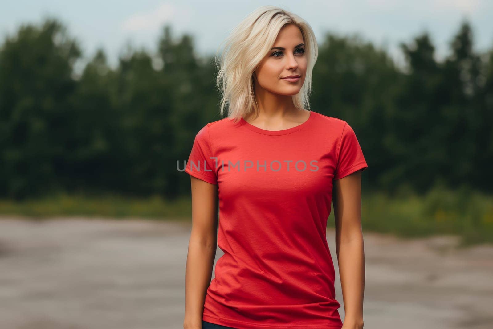 Red tshirt mockup female. Casual body. Generate Ai