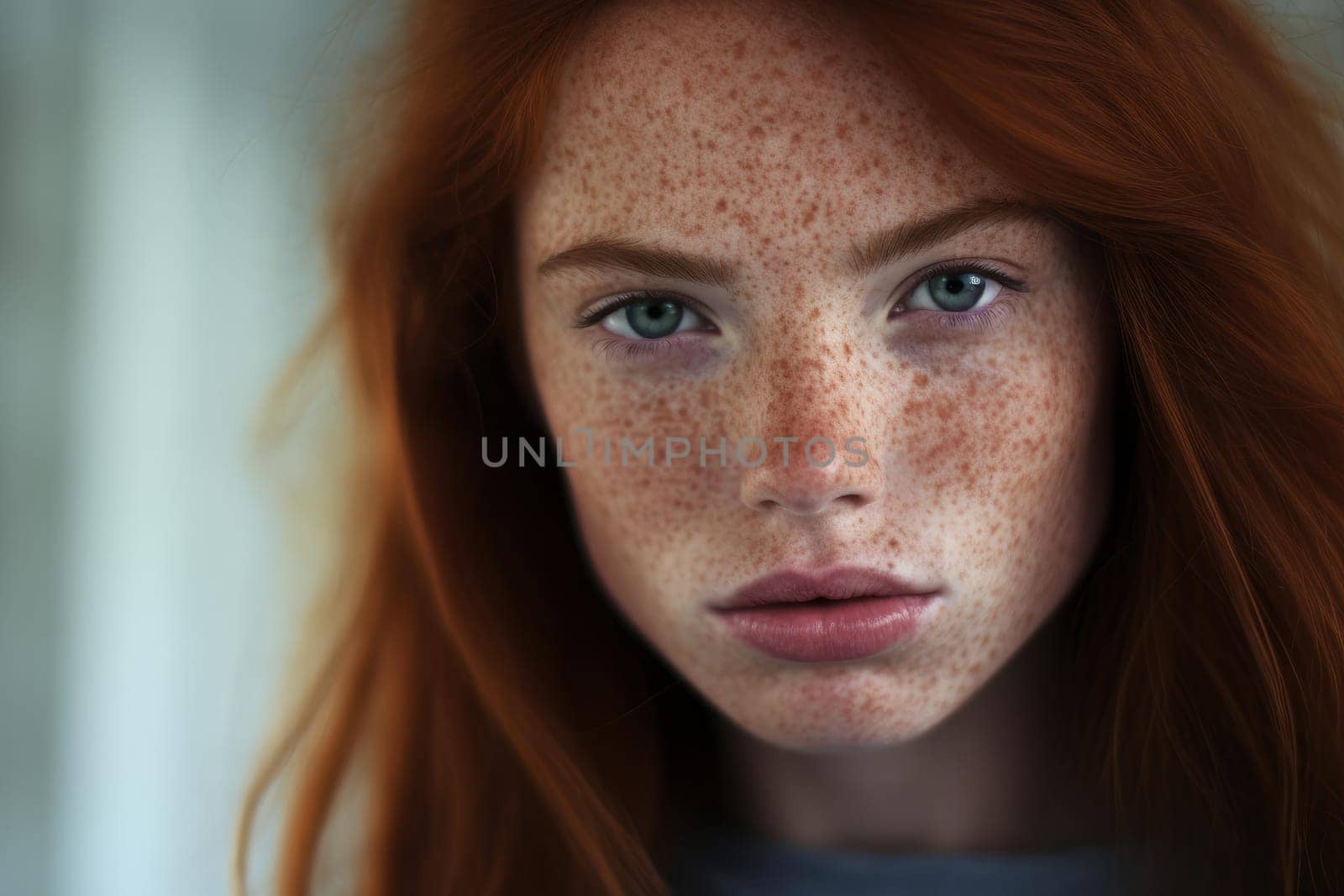 Girl freckles. Female hair smile. Generate Ai