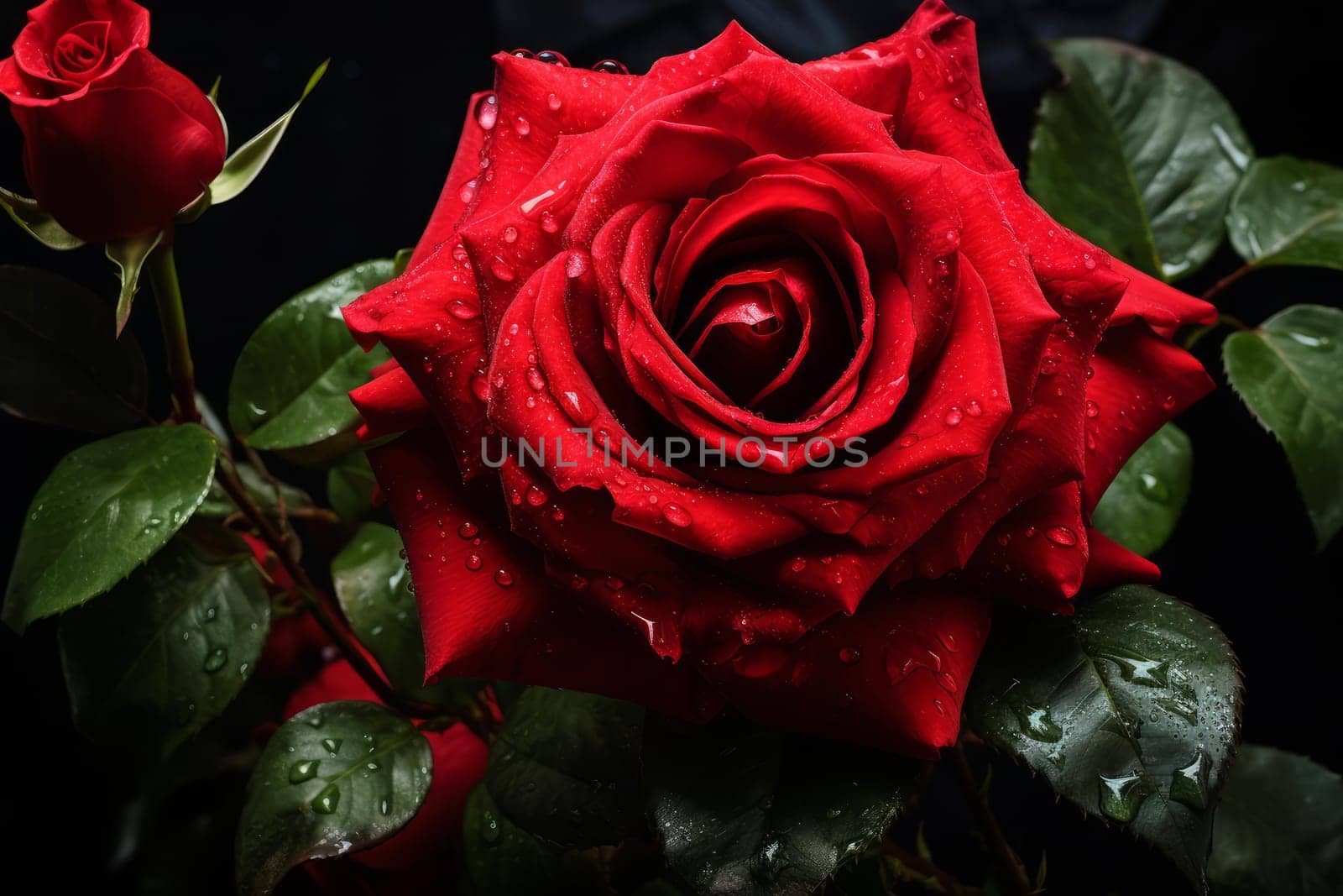 Red rose flower plant. Love petal spring leaf plant. Generate Ai