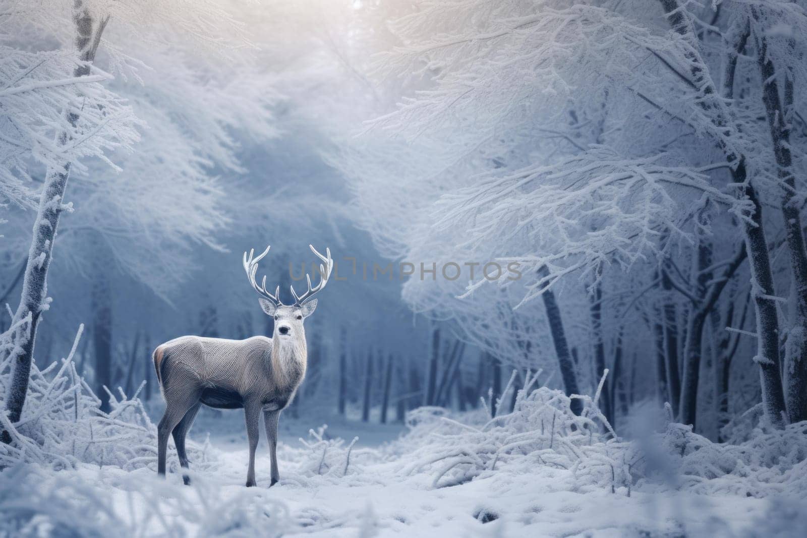 Reindeer winter forest animal. Deer frozen. Generate Ai