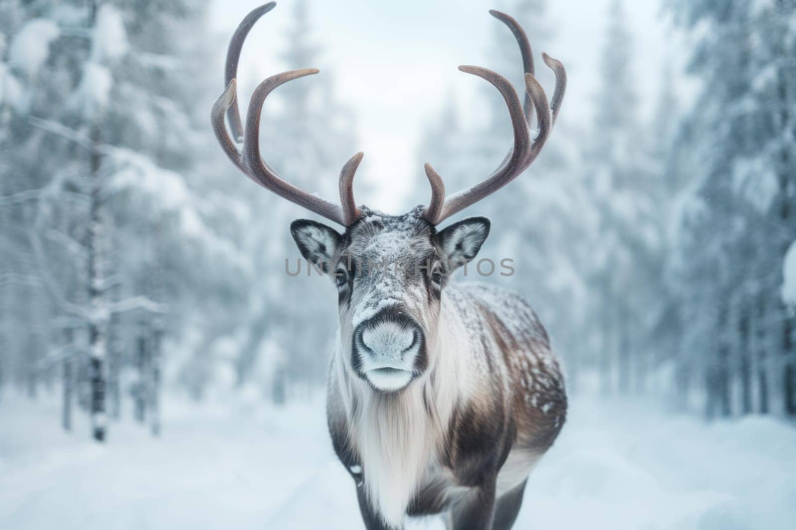 Reindeer winter forest. Deer animal. Generate Ai