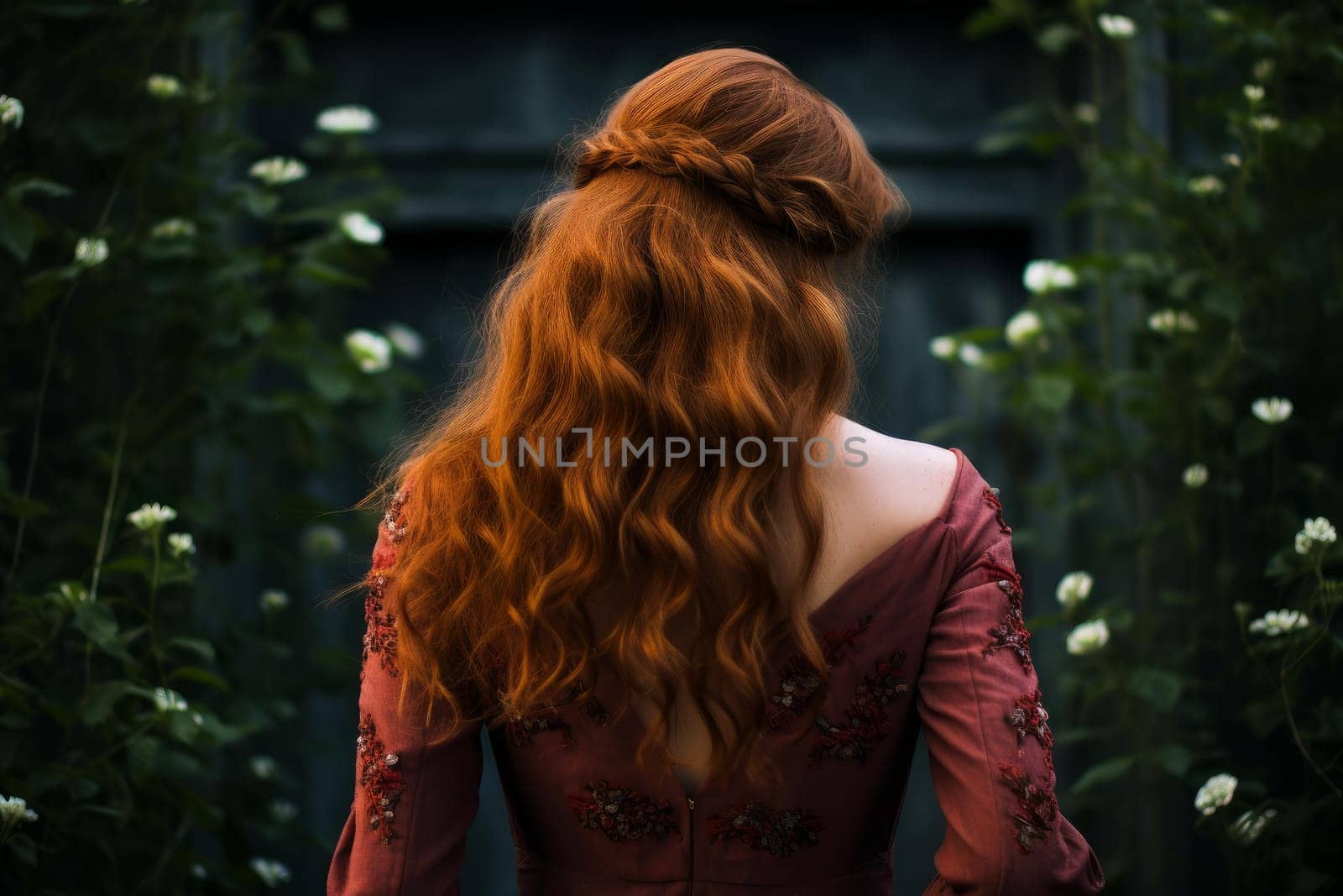 Red hair woman stairs. Street photo. Generate Ai