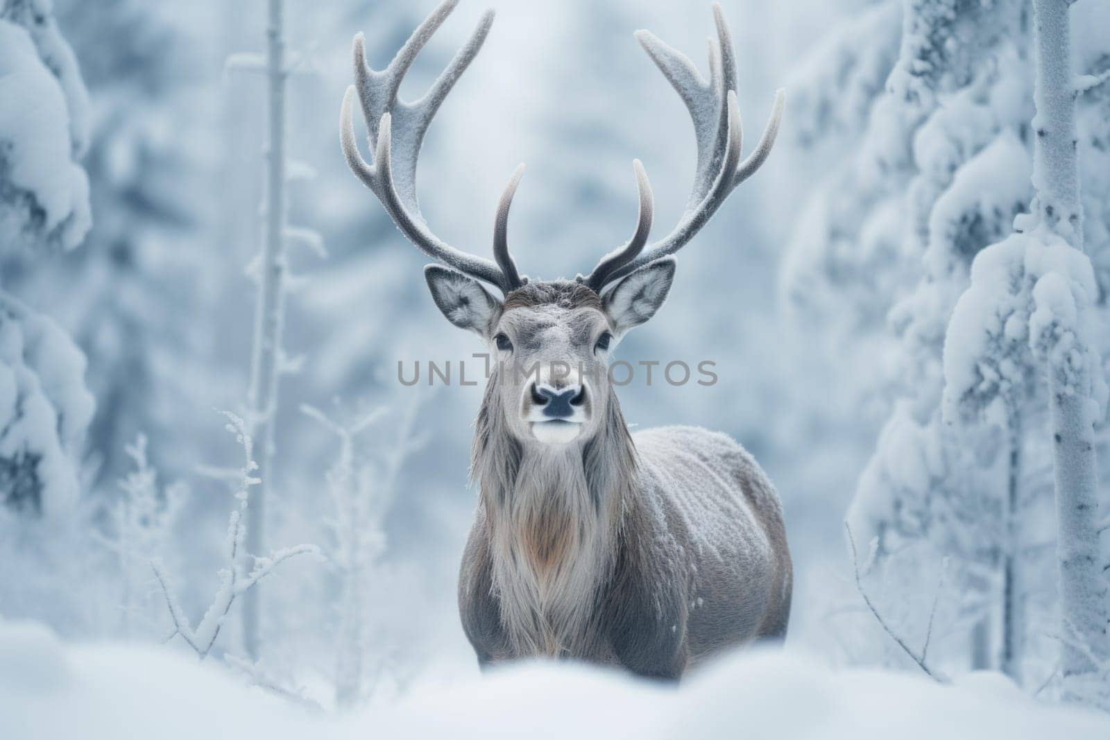 Reindeer winter forest snow. Deer head. Generate Ai
