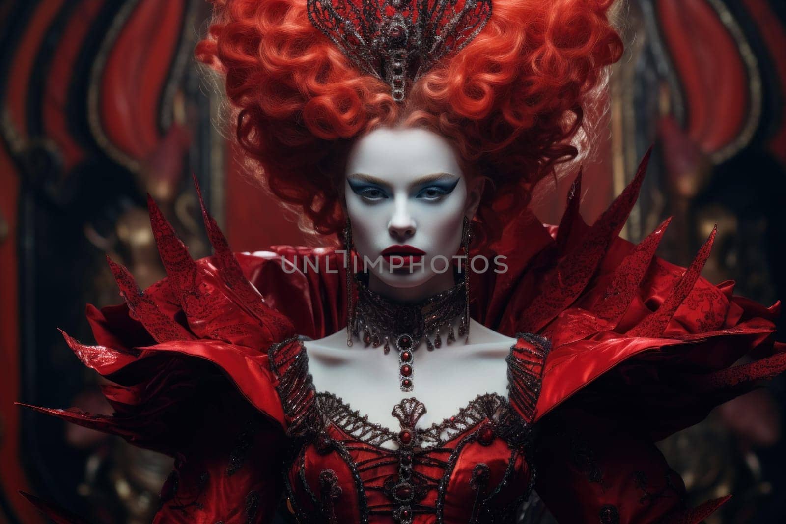 Red queen portrait. Royal female with bright red hair and fairy makeup. Generate ai