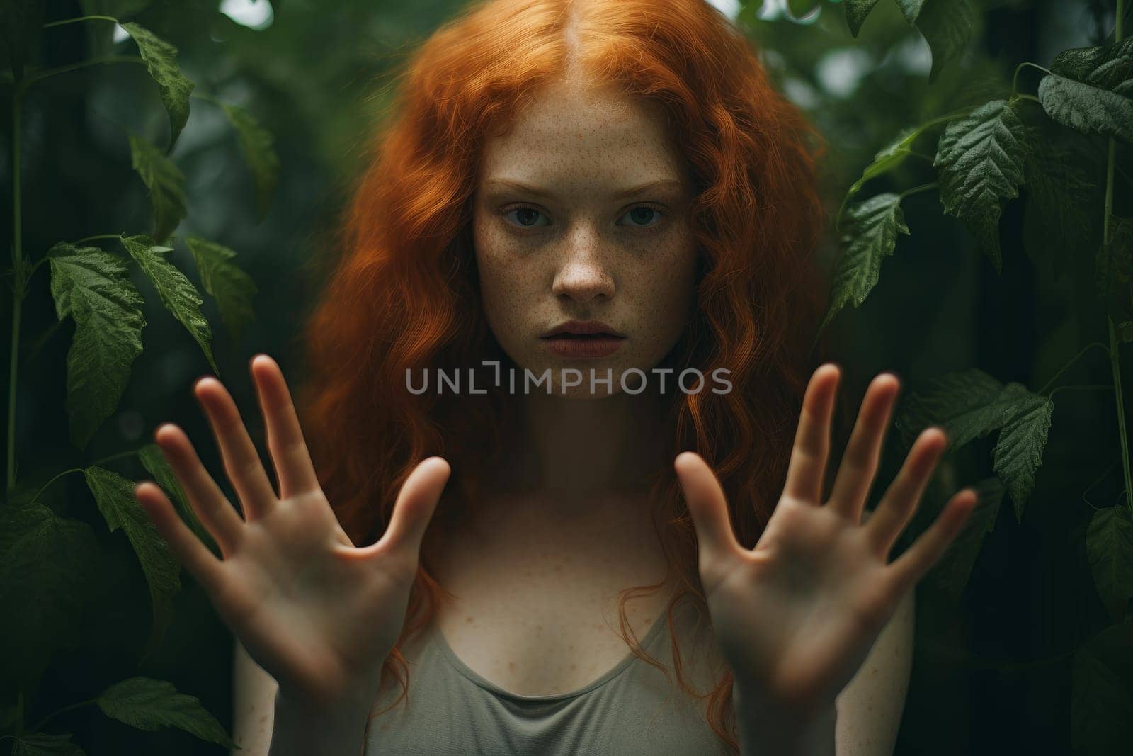 Hot redhead woman palms. Hair sexy. Generate Ai