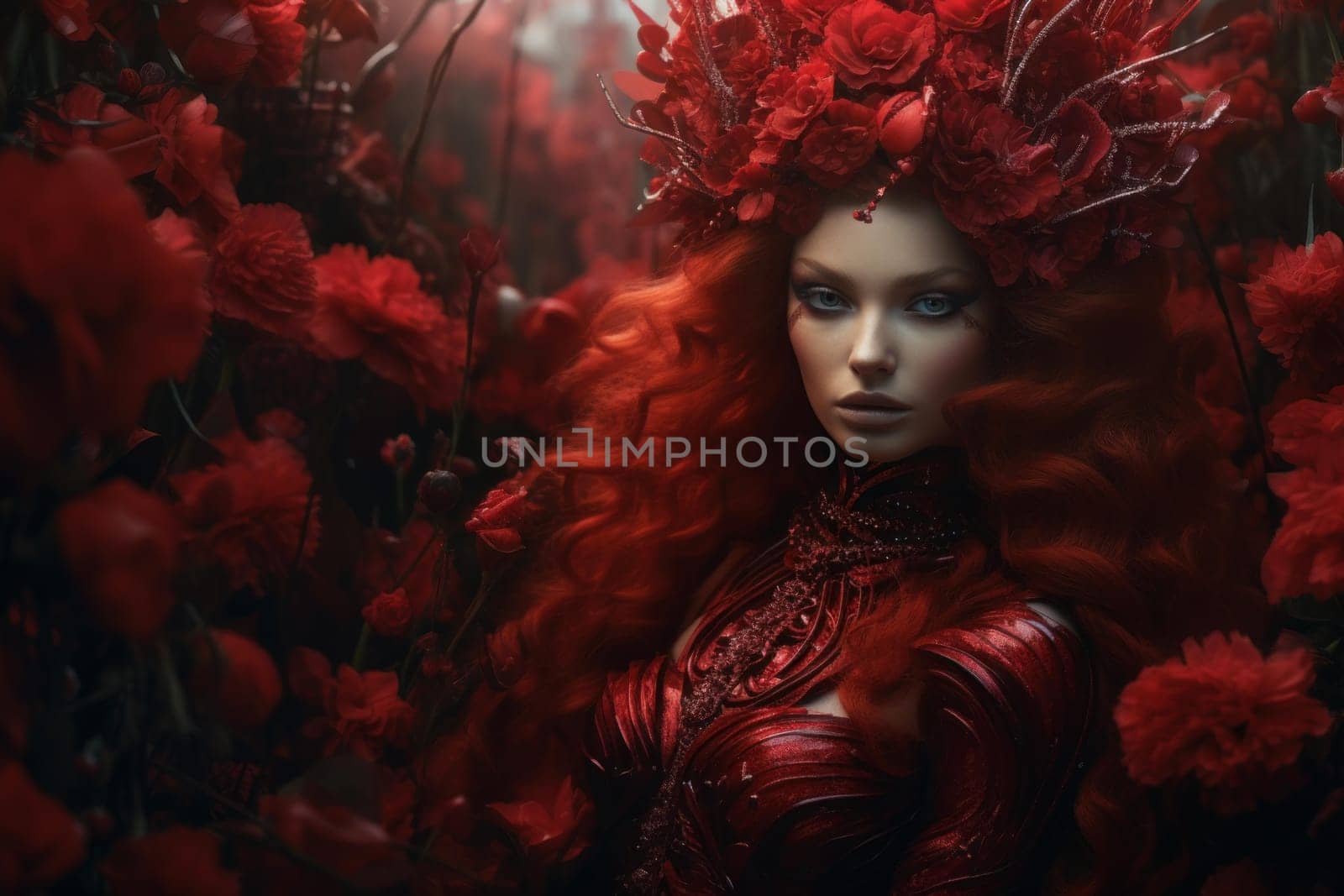 Red queen with floral crown. Fantasy regal princess with ruby blossom hairstyle. Generate ai