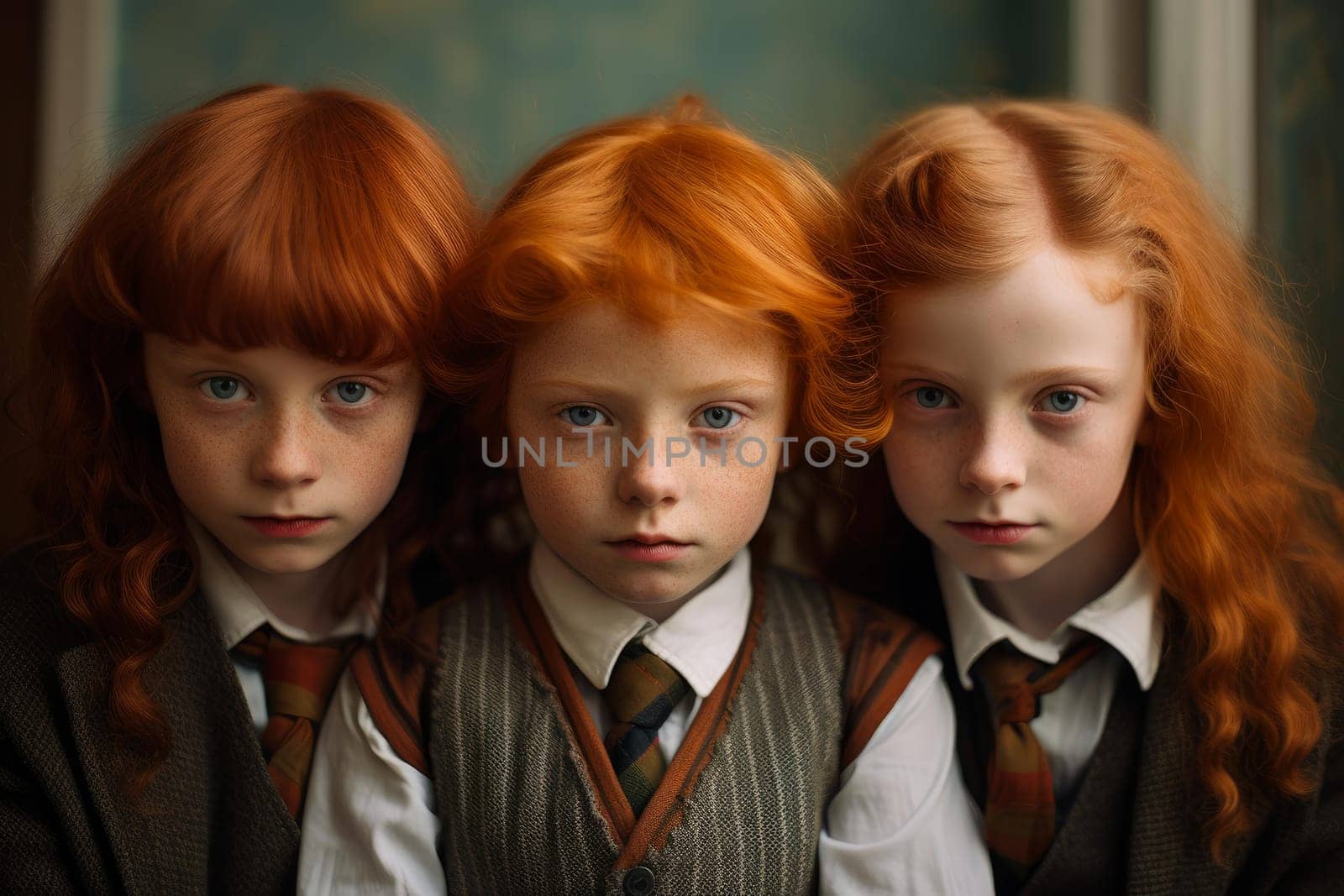 Redhair cute schoolchildren. Outside kid. Generate Ai