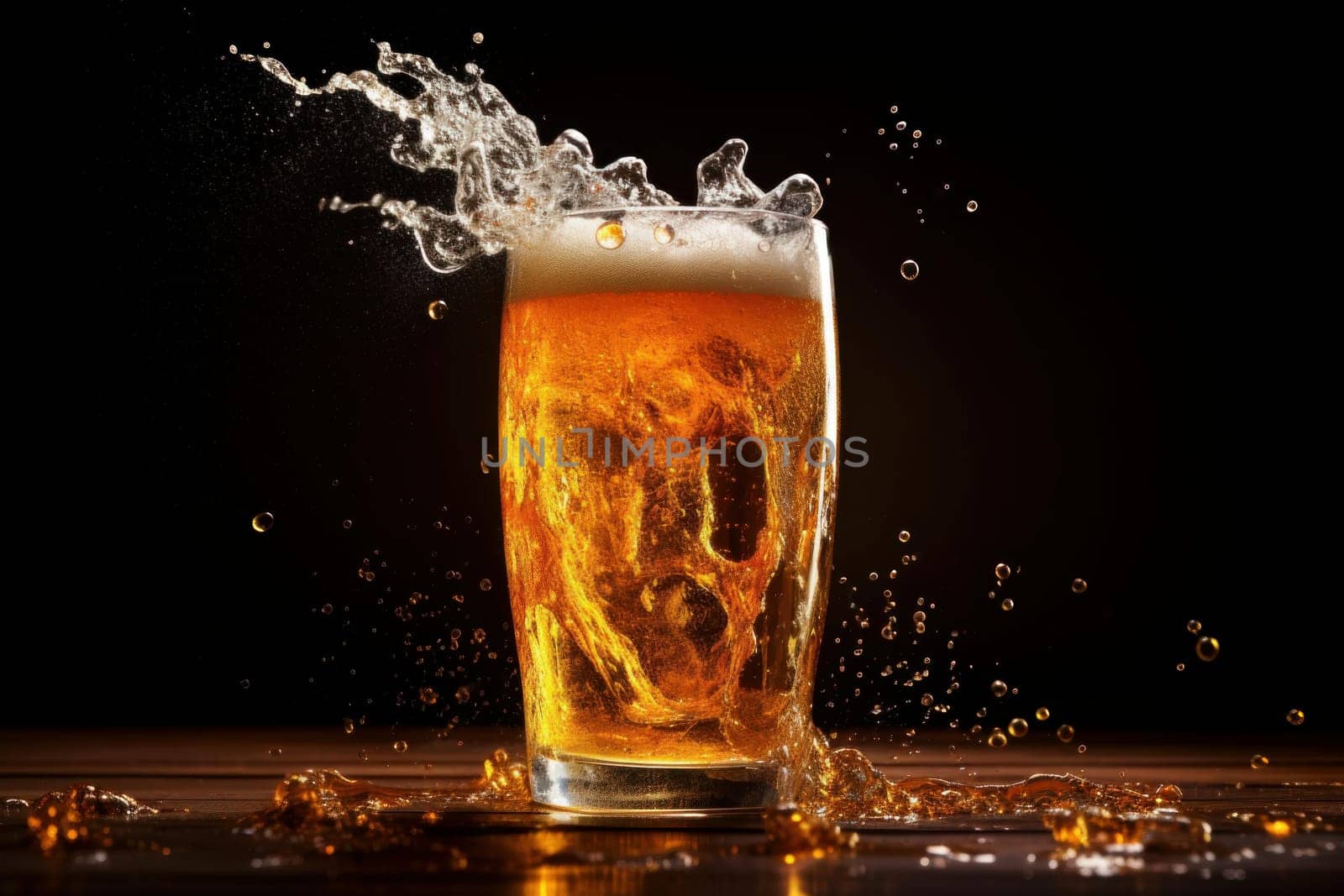 Full Mug of beer with foam. Refreshing drink drops. Generate Ai