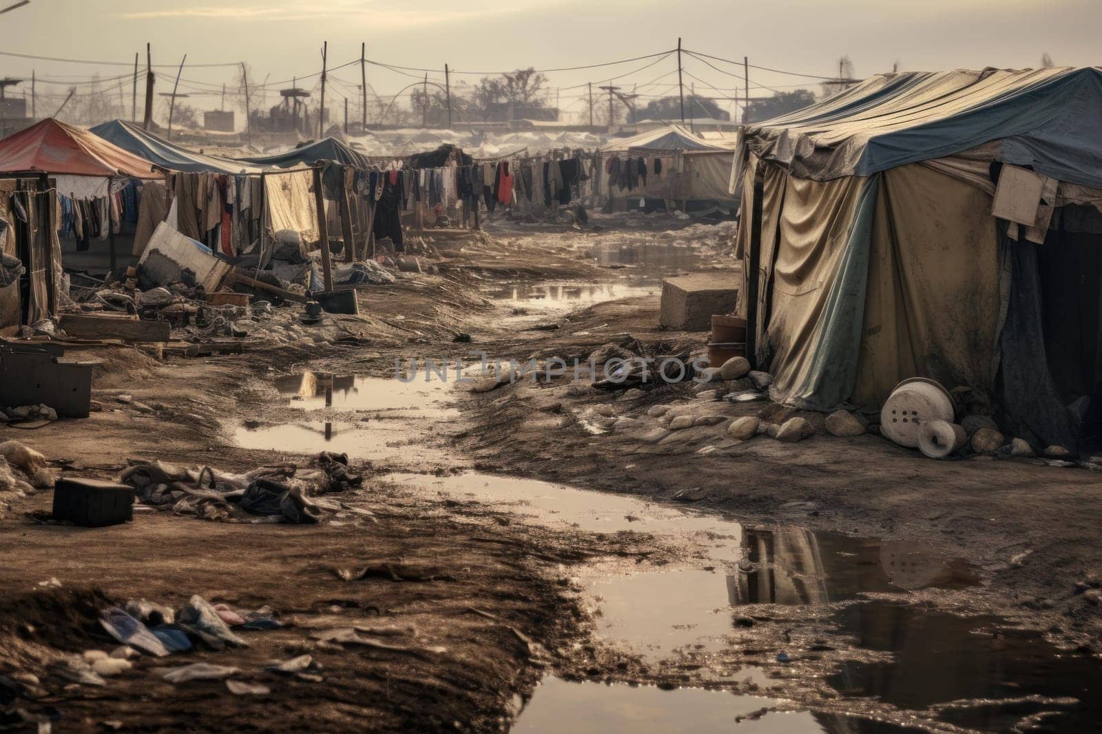 Refugee camp tents. War homeless. Generate Ai