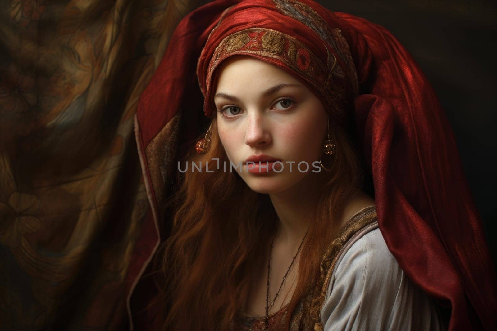 Renaissance woman portrait style. Ancient girl. Generate Ai