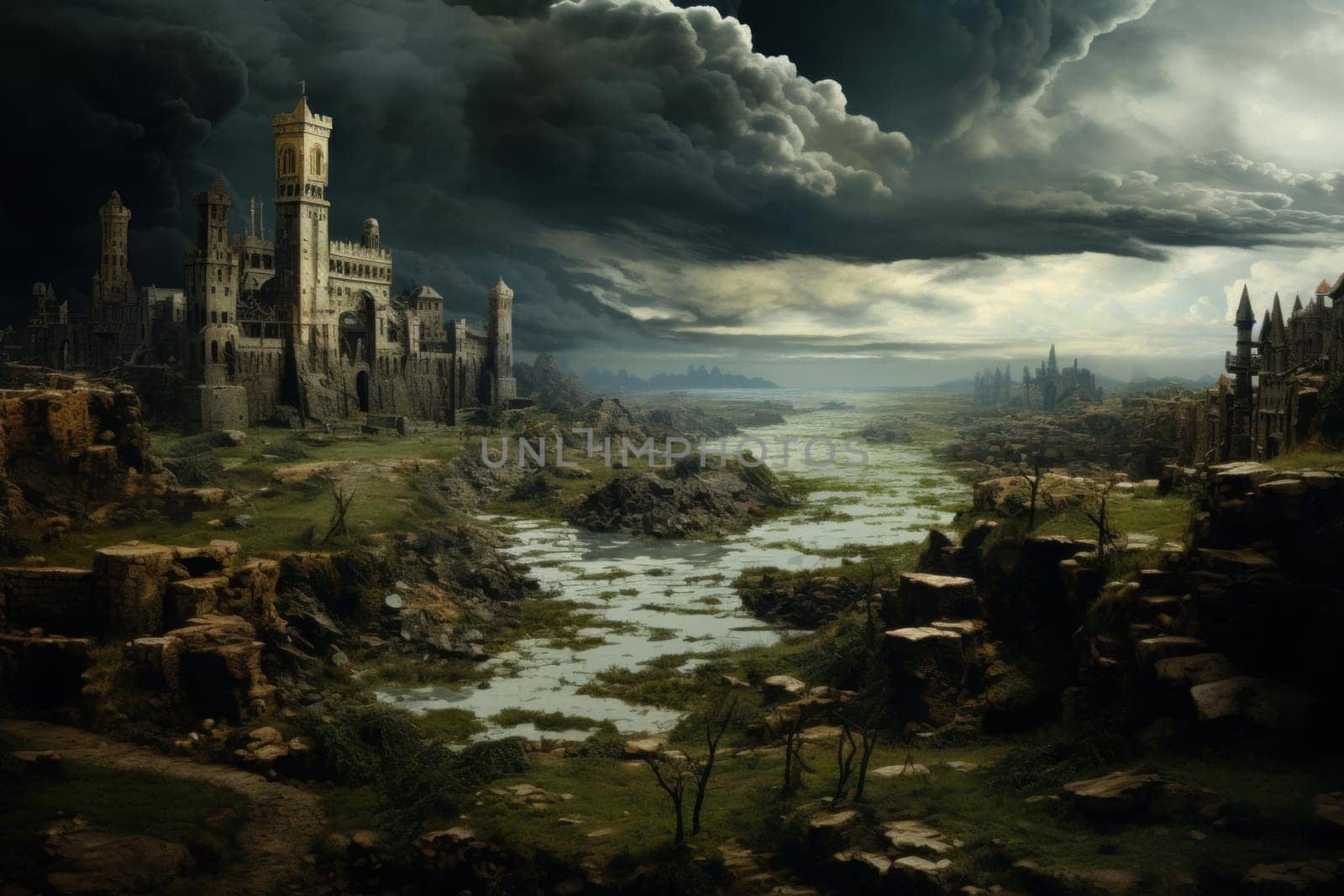 Landscape renaissance castle. Palace water. Generate Ai