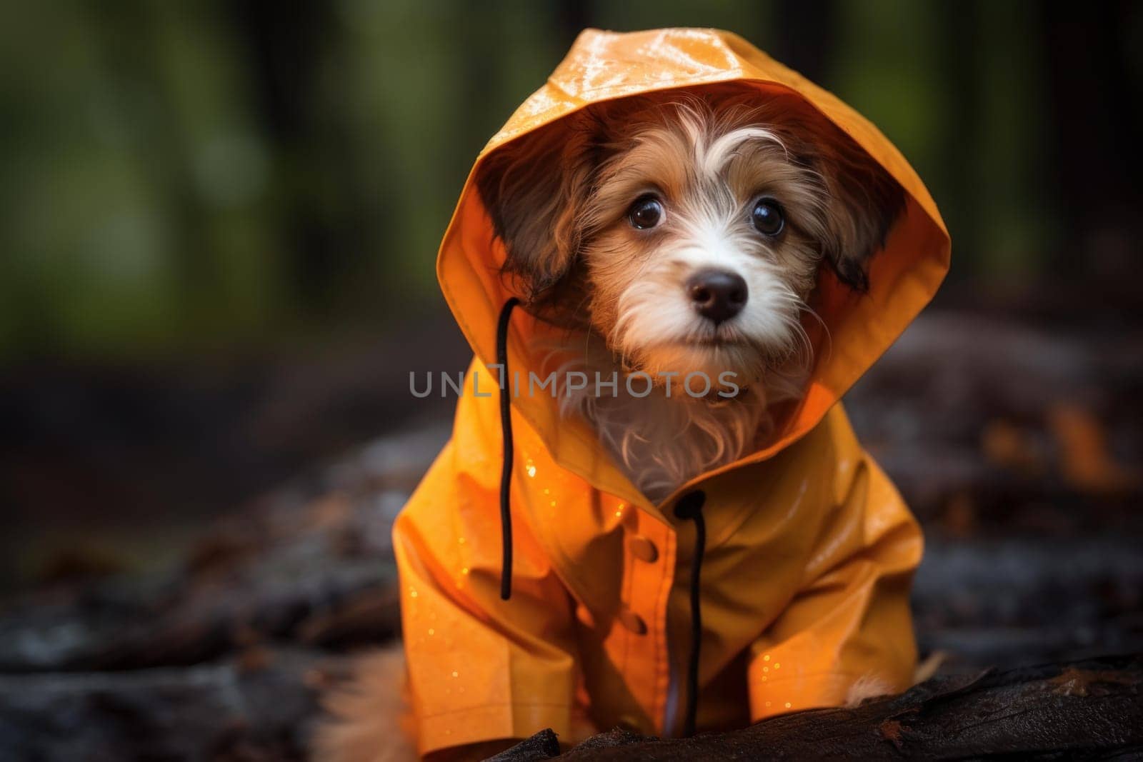 Rescuer raincoat dog. Smiley and adult human yellow costume holding animal. Generate AI