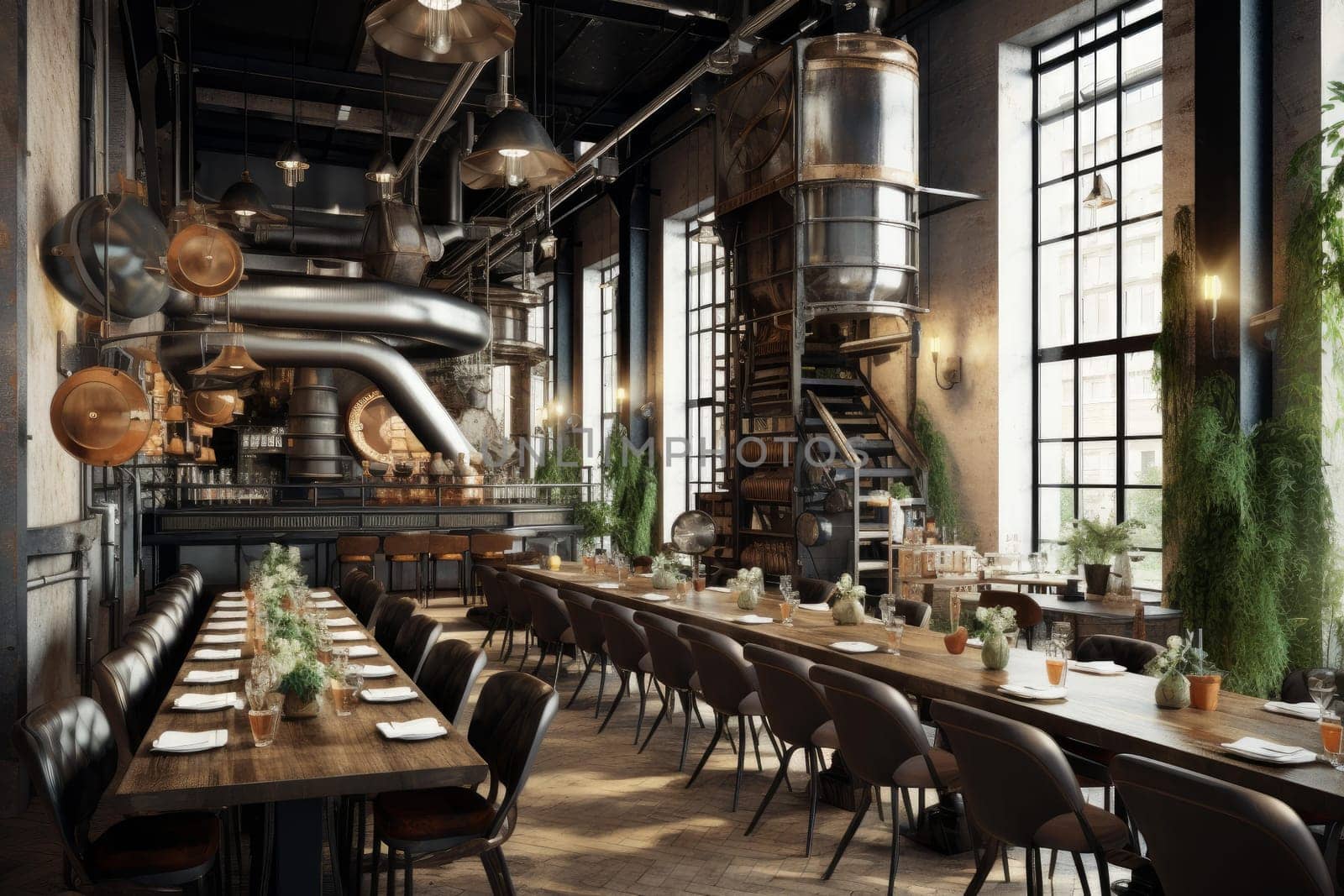 Restaurant interior loft. Counter food wood. Generate Ai