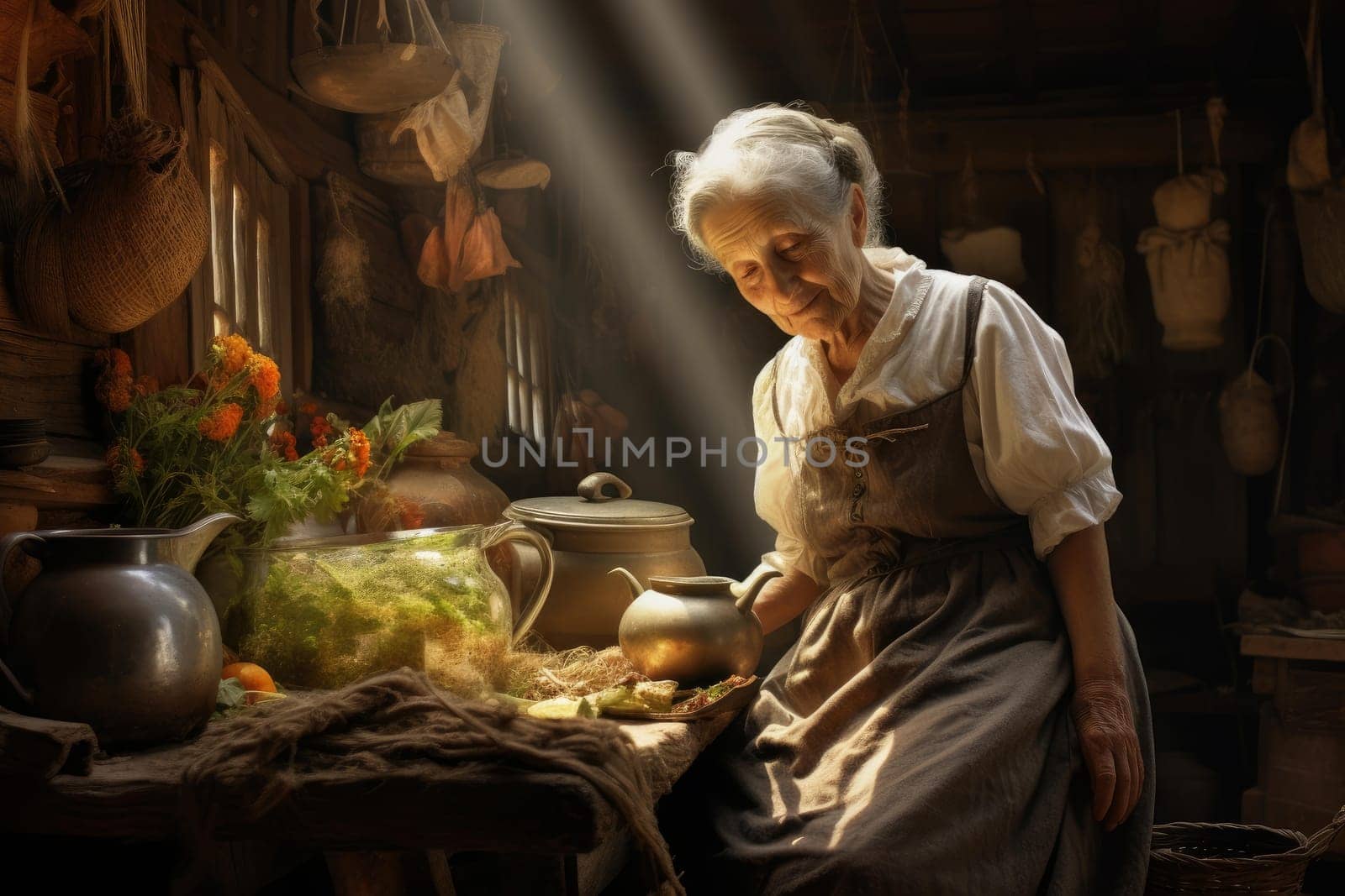 Retired woman working at bakery shop food. Senior work occupation customer. Generate Ai