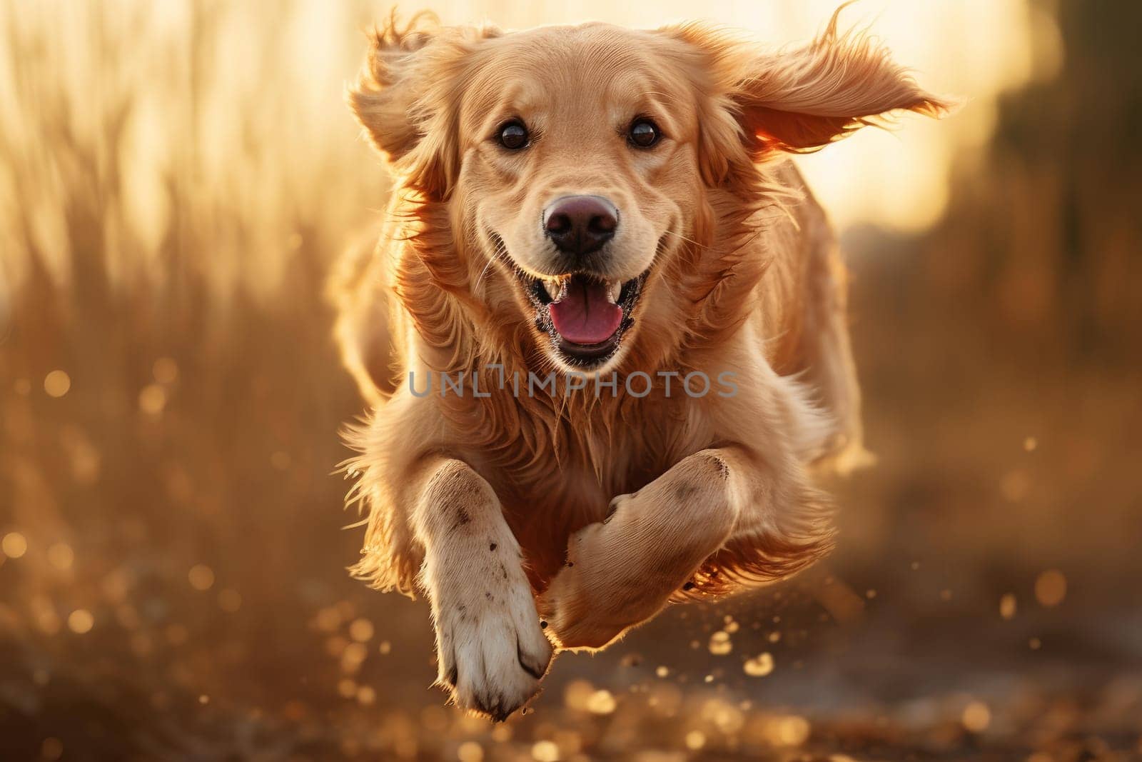 Retriever dog running fast in natural field. Happy puppy dog springing and sprinting outside. Generate ai