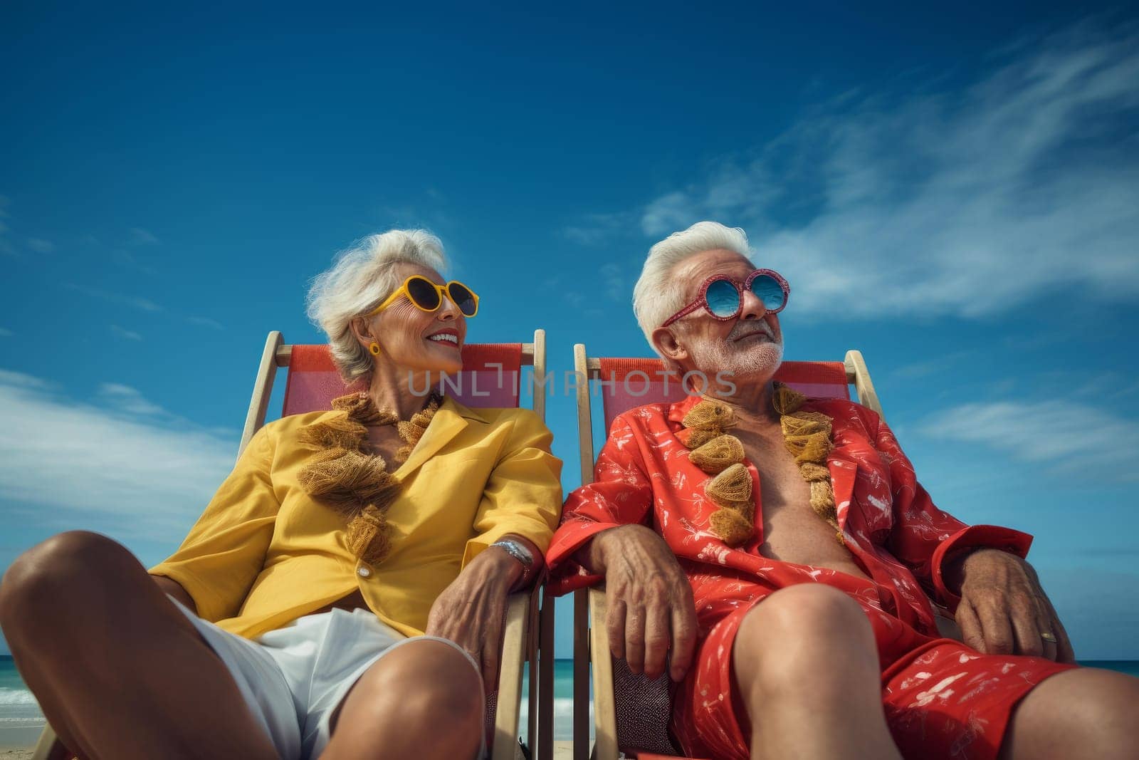 American retired couple in sunlight with sunglasses. Lifestyle summer sky outdoors. Generate Ai