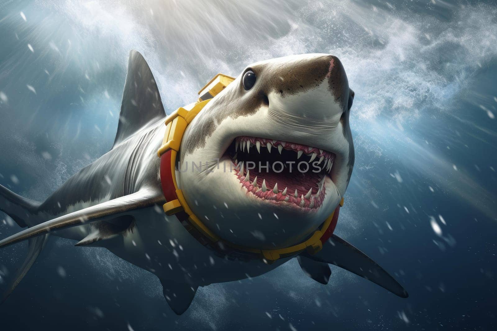 Rescue shark beach ocean. Attack scuba. Generate Ai