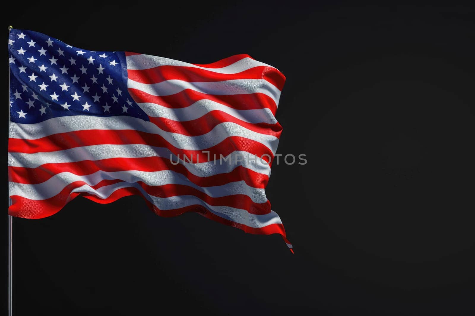 Isolated American flag with stars and stripes waving in wind on pole against black background. AI Generated.