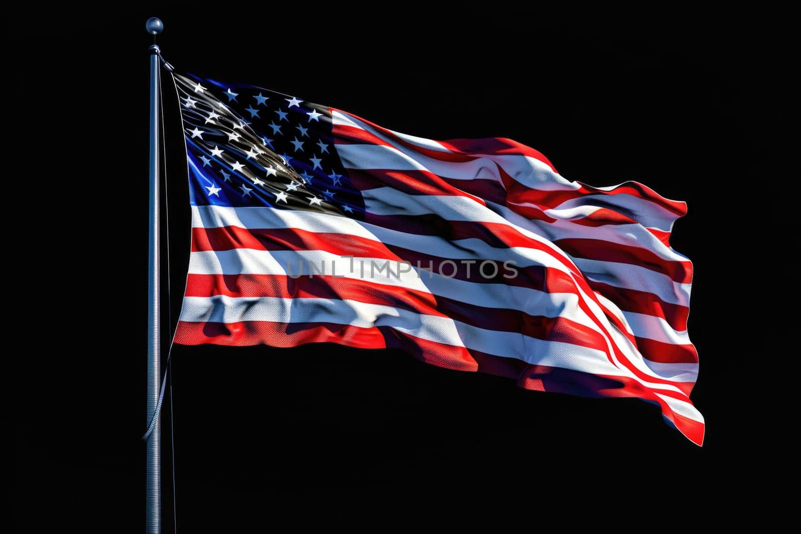 Isolated American flag with stars and stripes waving in wind on pole against black background. AI Generated.
