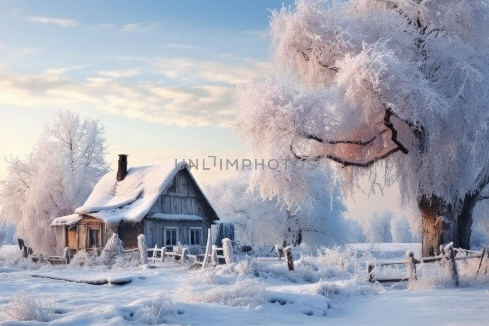 Rural winter landscape village house. Sunrise season. Generate Ai