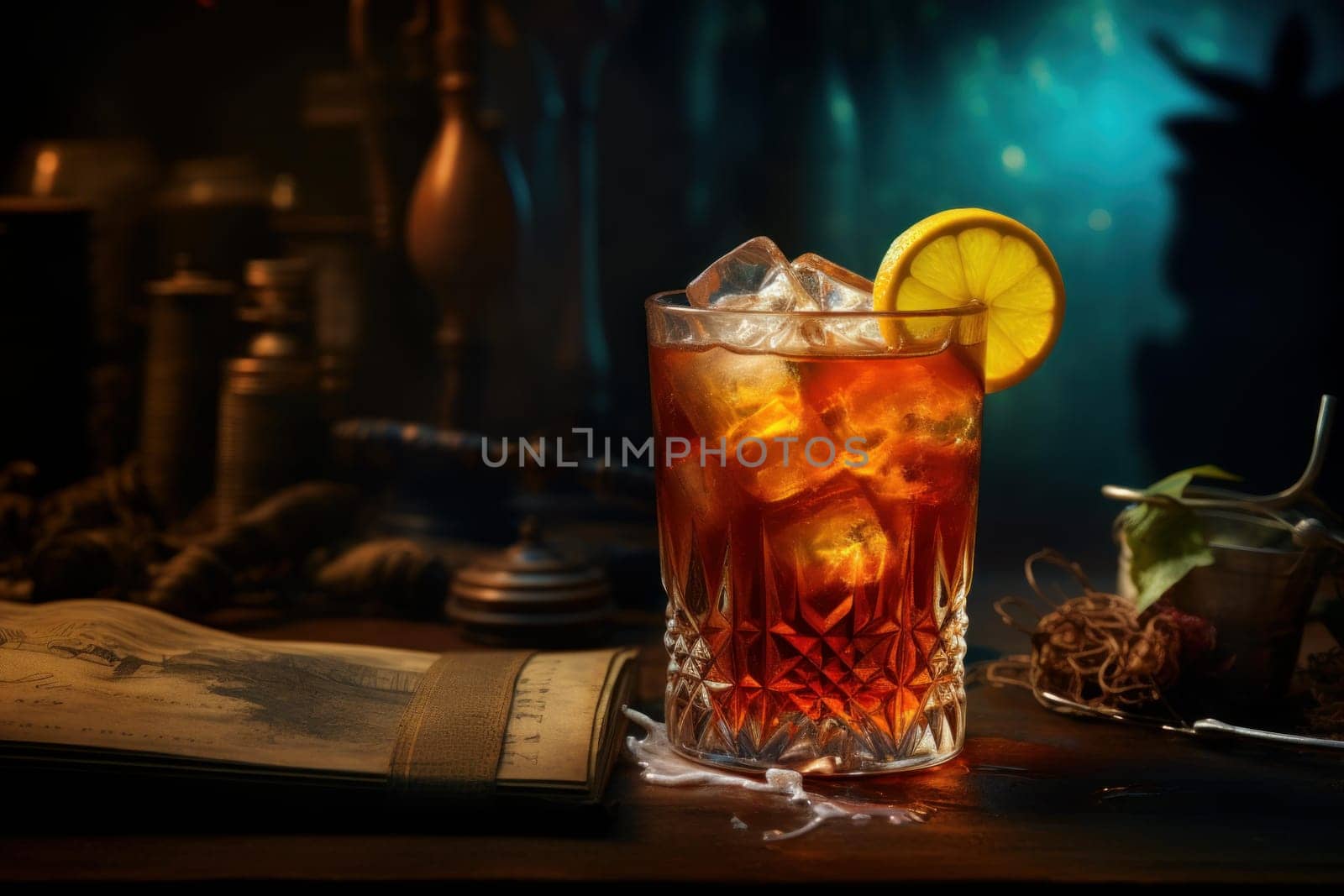 Rum beach drink. Glass fruit. Generate Ai