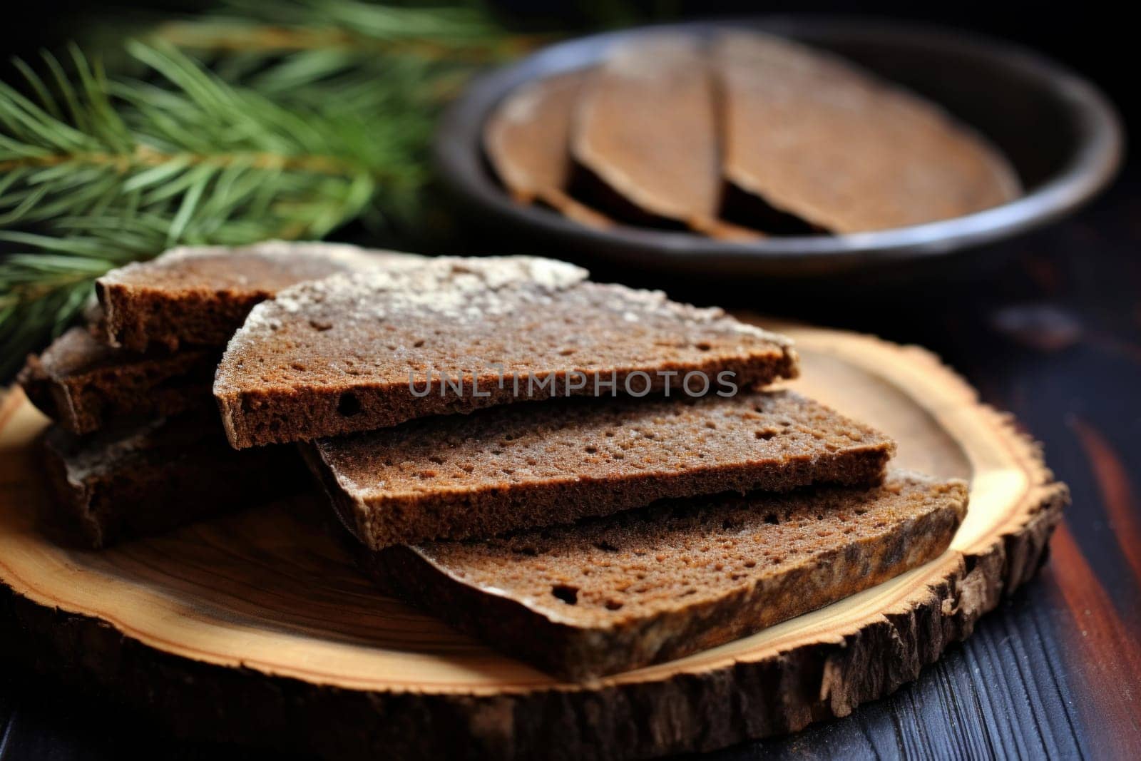 Rye bread slice on wooden board natural. Sliced loaf food bakery wheat. Generate Ai
