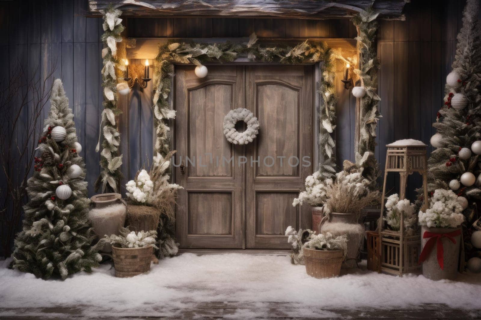 Rustic christmas entrance background. Home decor. Generate Ai