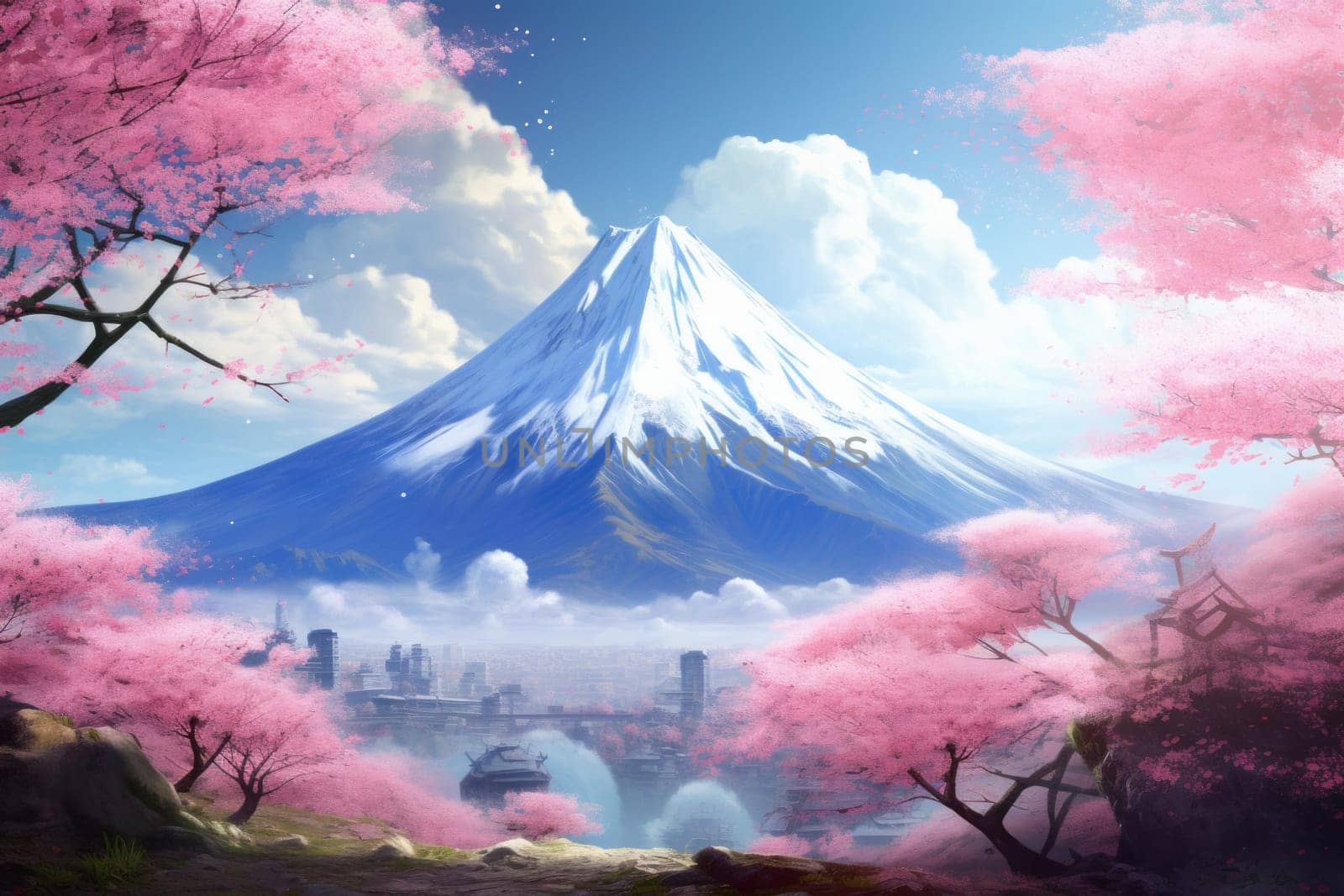 Sakura tree and big mountains. Fantasy scenery. Generate Ai