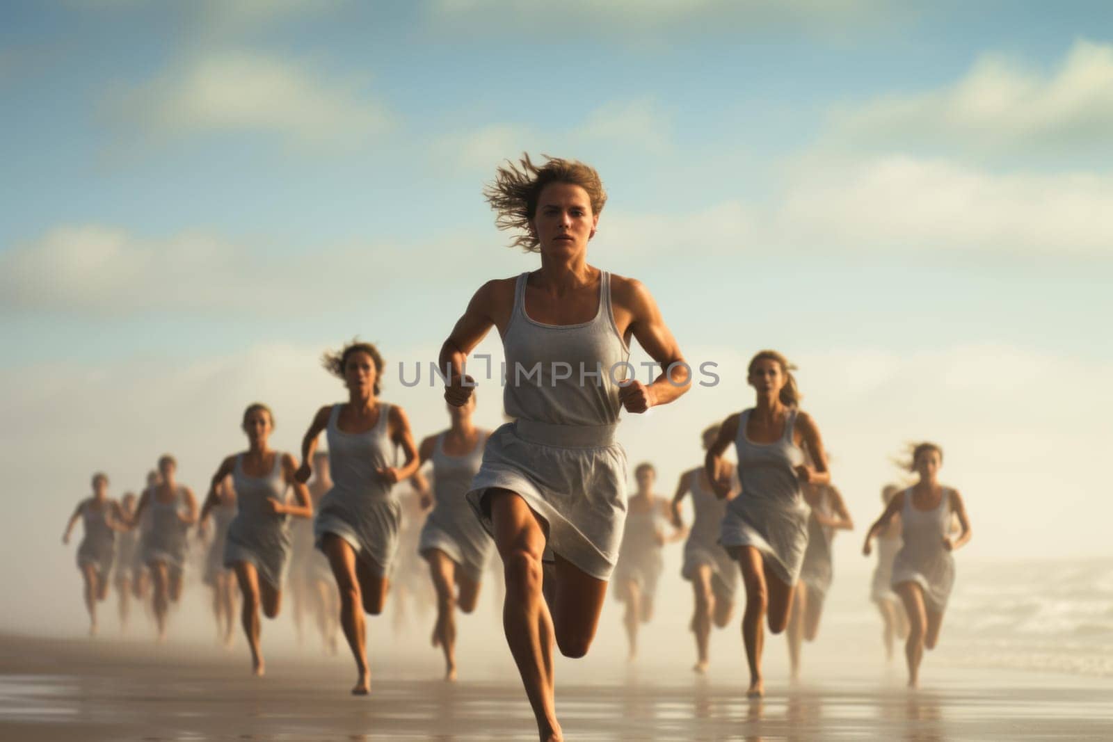 Running people beach. Sunset active family. Generate Ai