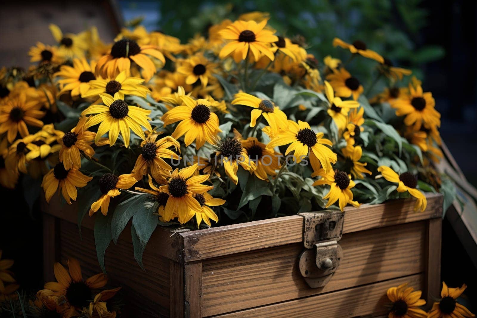 Yellow flowers in drawer. Floral love wooden plant spring. Generate AI