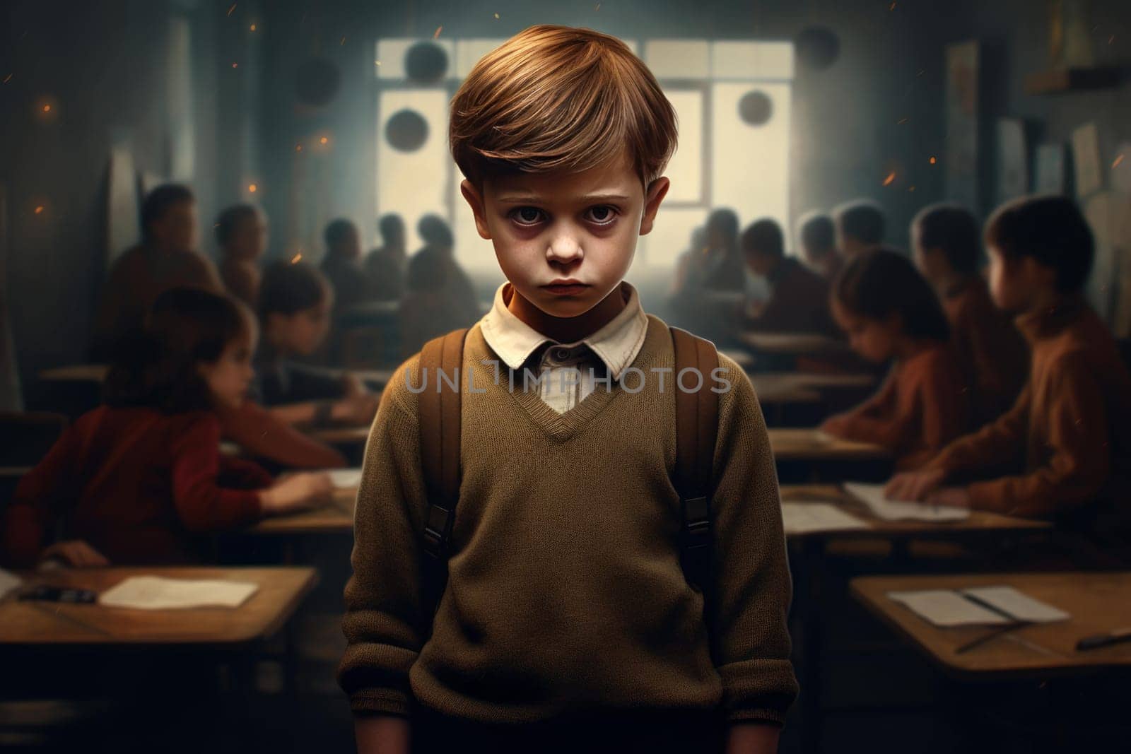 Sad child at school. Lesson study. Generate Ai