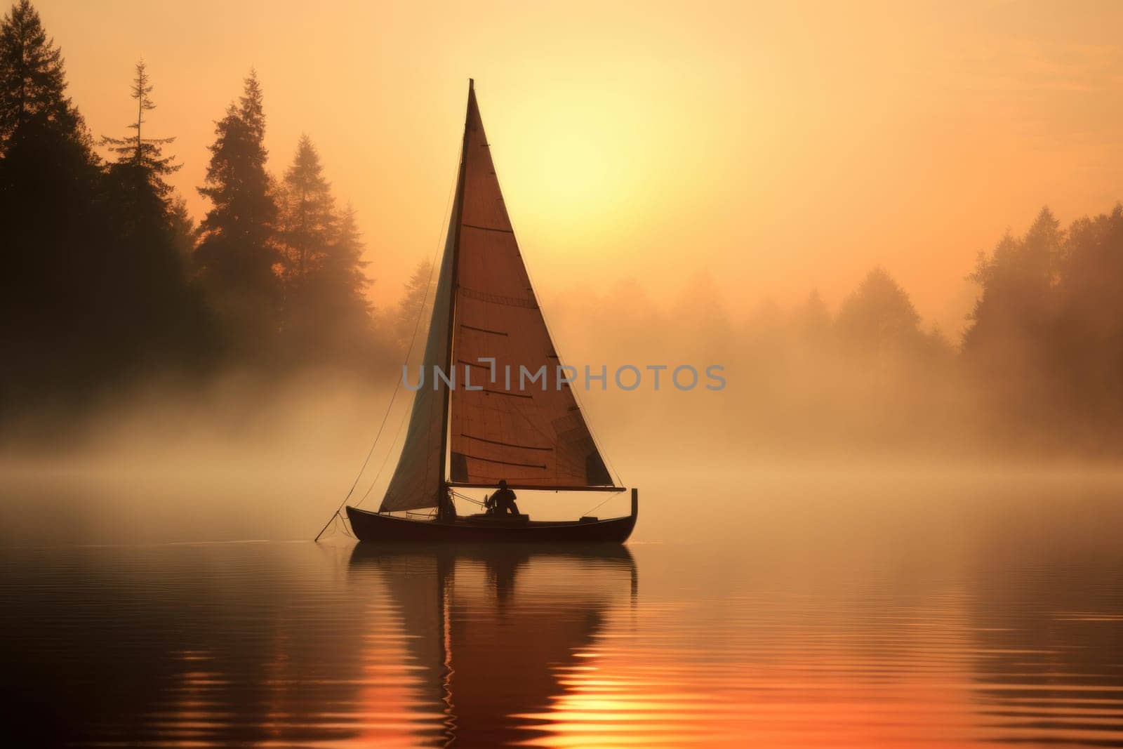 Sailboat foggy lake. Park ghost. Generate Ai