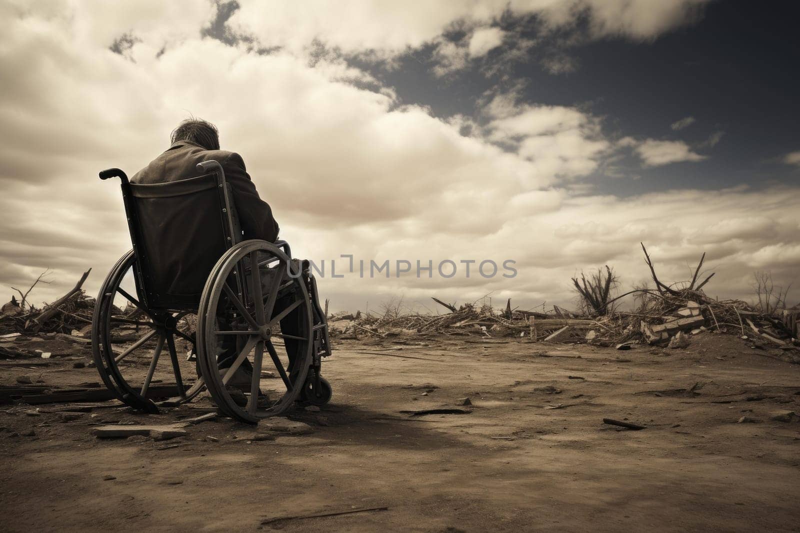 Sick man wheelchair at hall. Clinic sad. Generate Ai