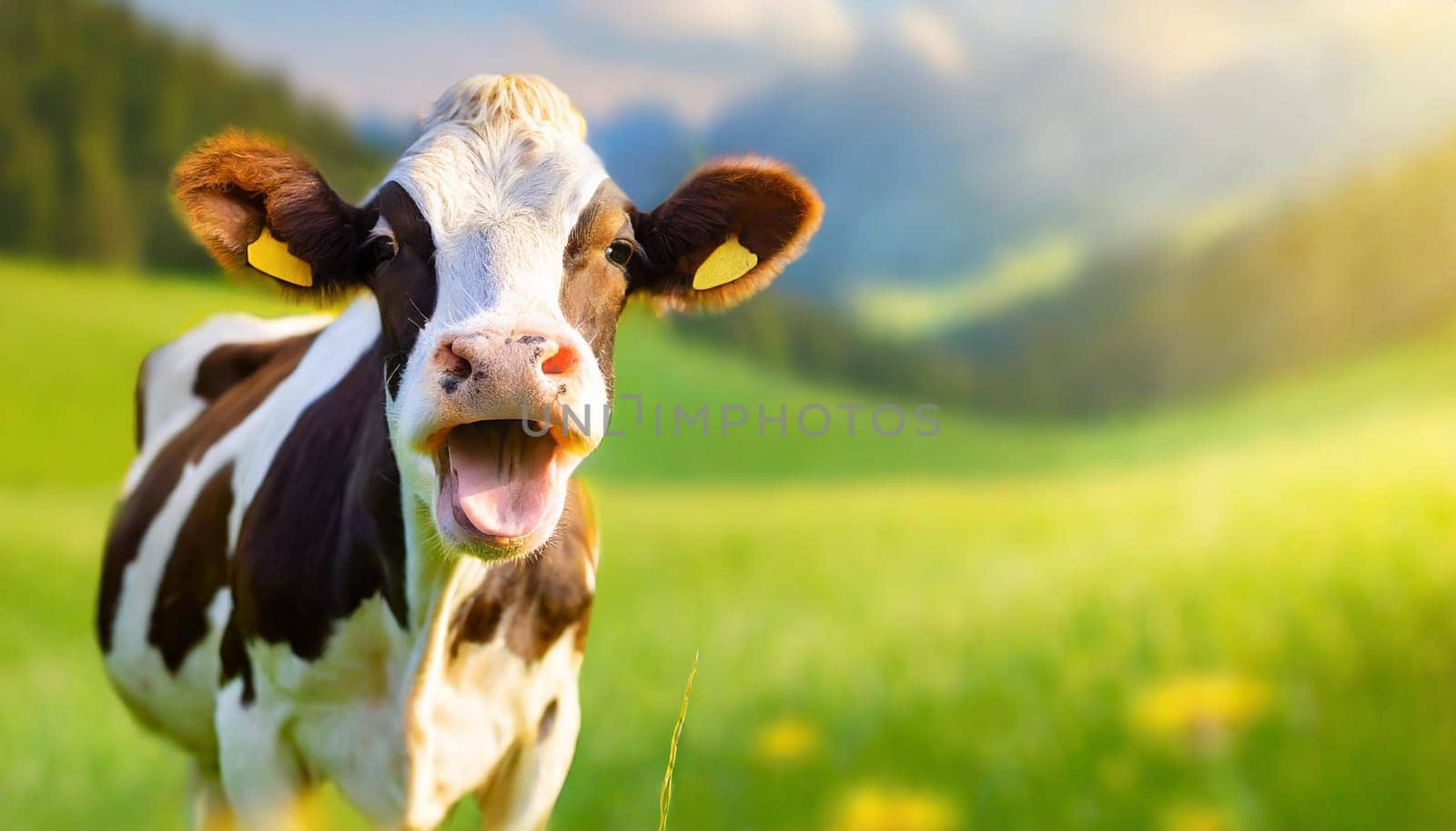 Banner shot of happy cow with open mouth in the green meadow
