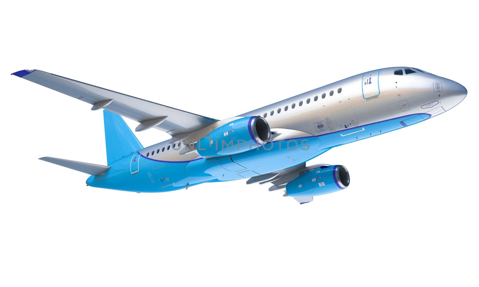Commercial jet airliner flying isolated on white background. 3d render