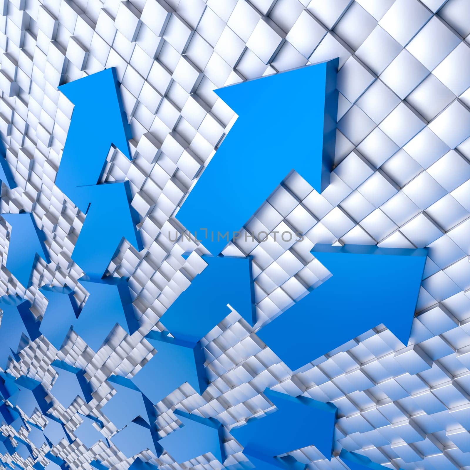 Vibrant blue 3d arrows showing upward movement, set against a modern pixelated backdrop 3d render