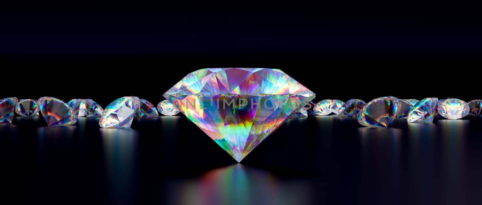 Brilliant diamond stands out among gems against a dark background with reflections 3d render
