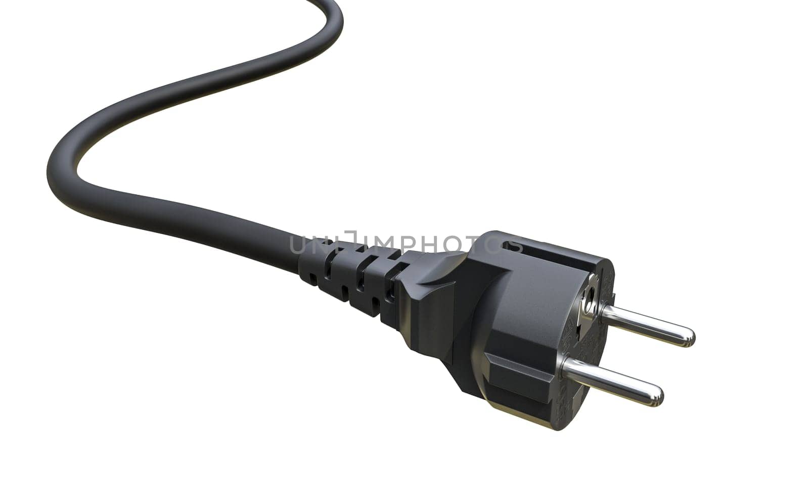 Digital rendering of a black electric power plug with a flexible cable isolated on a transparent background 3d render